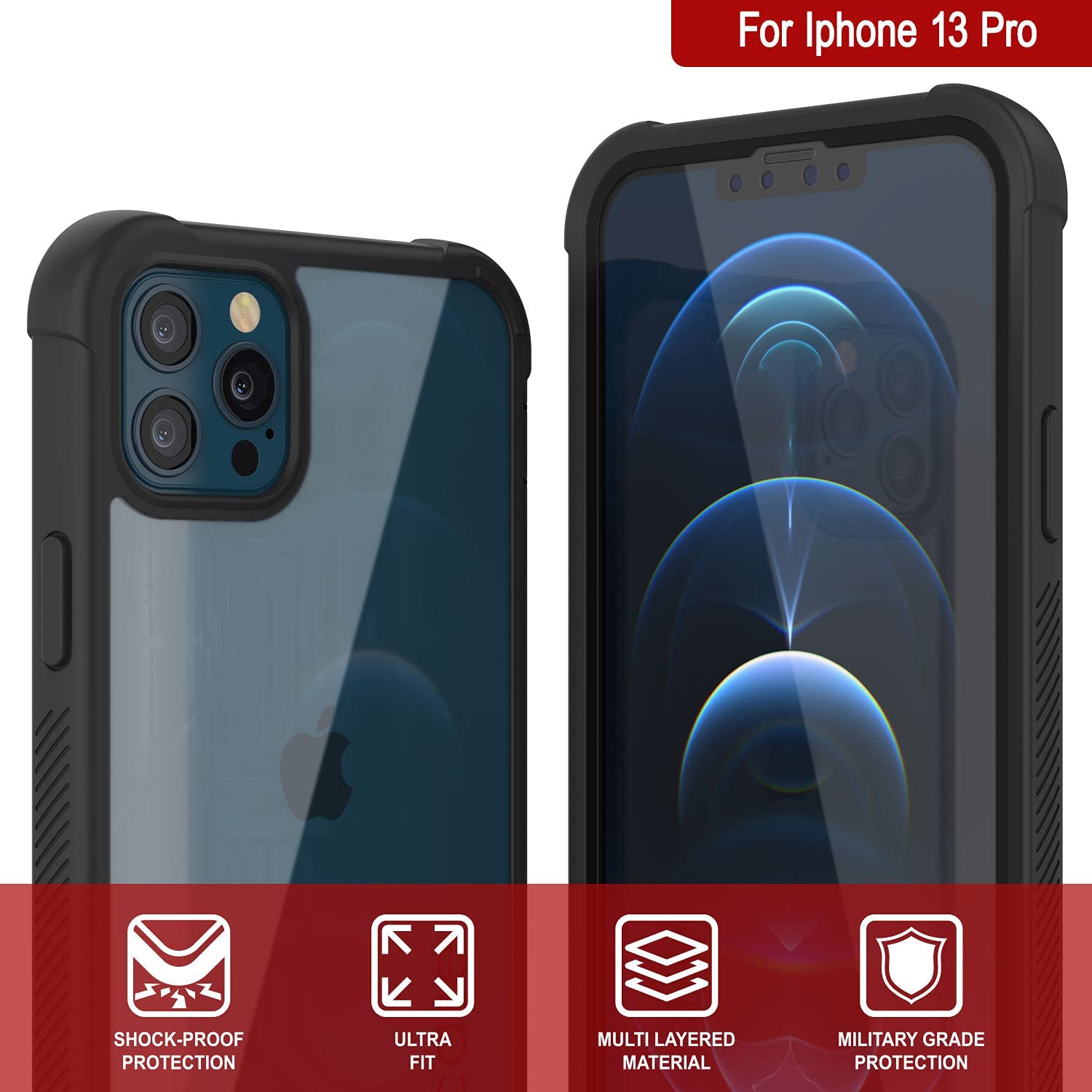 PunkCase iPhone 13 Pro Case, [Spartan Series] Clear Rugged Heavy Duty Cover W/Built in Screen Protector [Black]