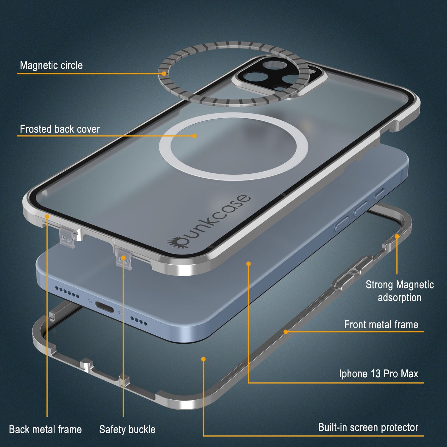 Punkcase iPhone 13 Pro Max Case [GlassMag Series] Cover W/ Built-In MagSafe Charging Circle [Silver]