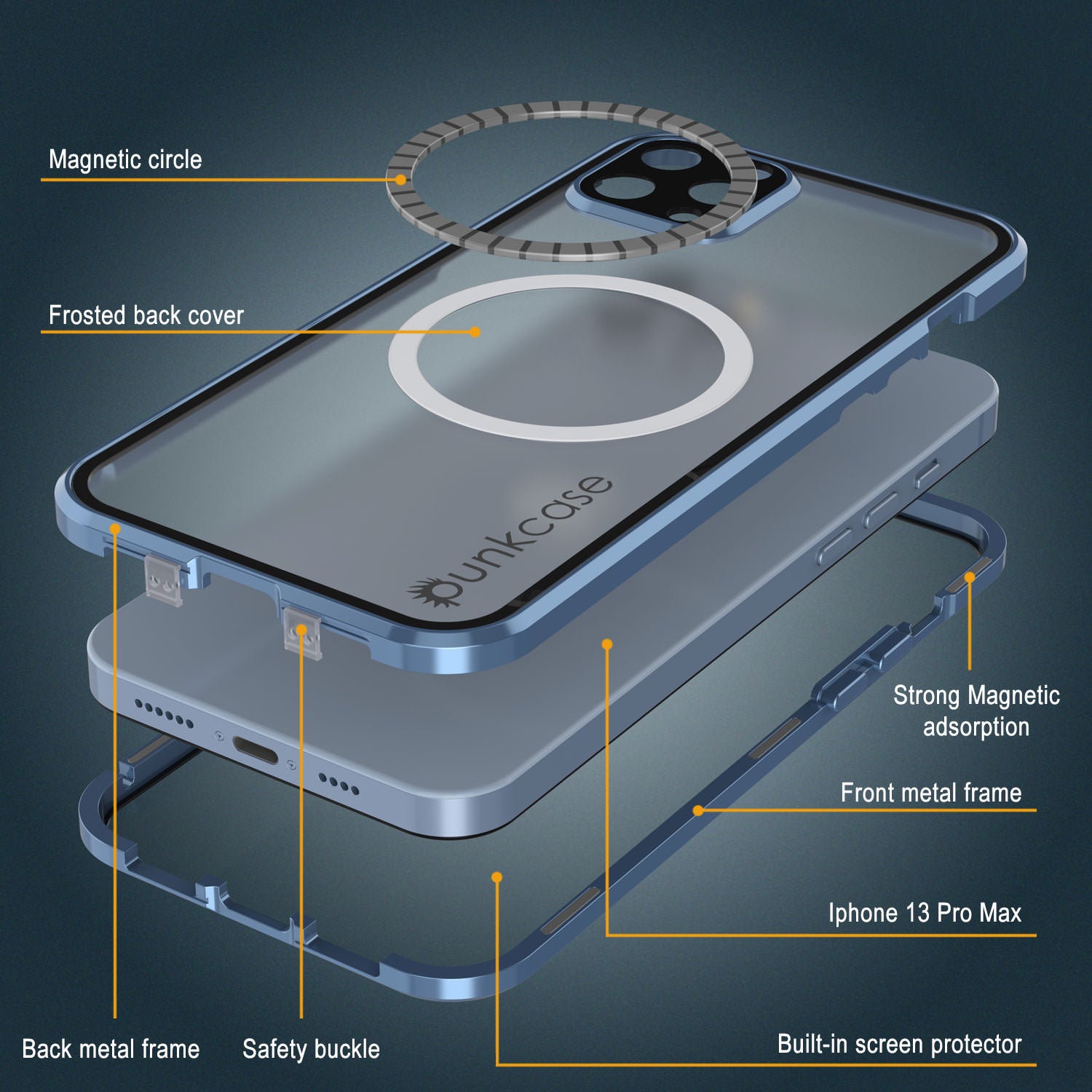 Punkcase iPhone 13 Pro Max Case [GlassMag Series] Cover W/ Built-In MagSafe Charging Circle [Blue]