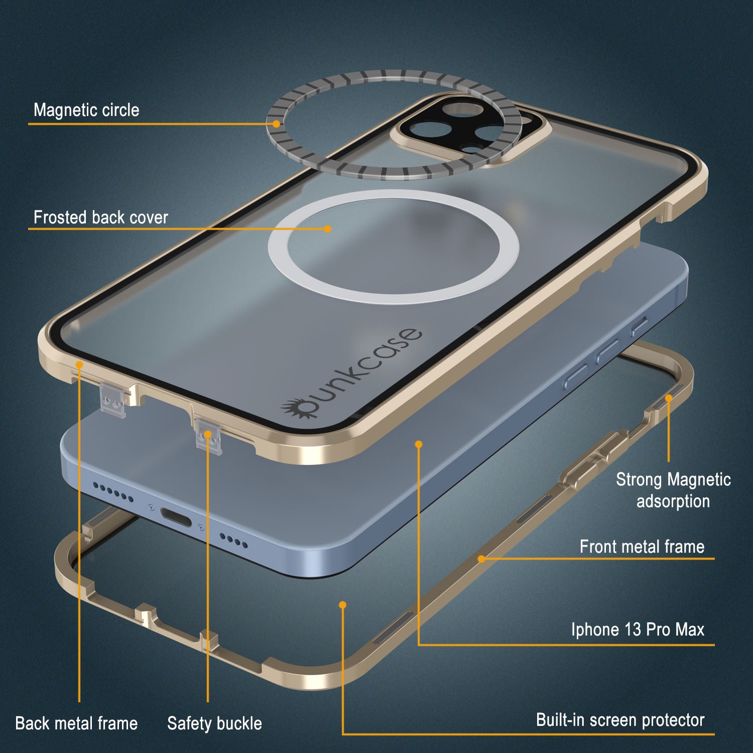 Punkcase iPhone 13 Pro Max Case [GlassMag Series] Cover W/ Built-In MagSafe Charging Circle [Gold]