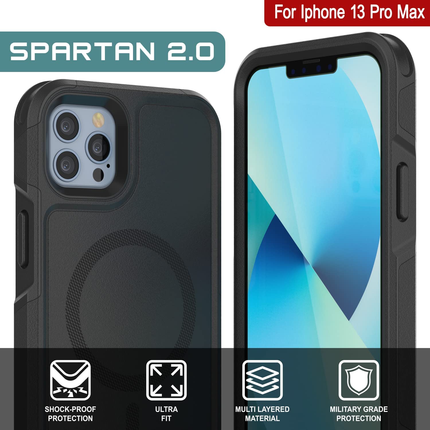 PunkCase iPhone 13 Pro Max Case, [Spartan 2.0 Series] Clear Rugged Heavy Duty Cover W/Built in Screen Protector [Black]