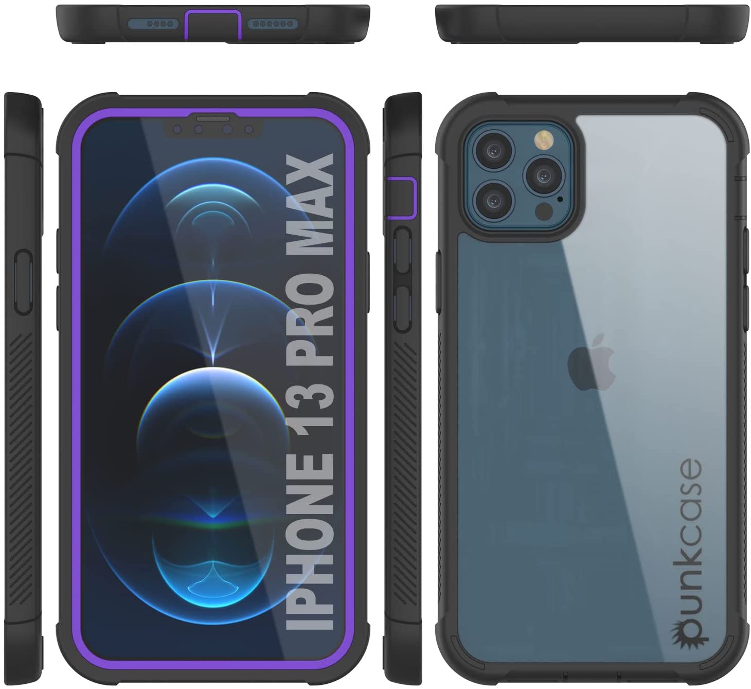 PunkCase iPhone 13 Pro Max Case, [Spartan Series] Clear Rugged Heavy Duty Cover W/Built in Screen Protector [Purple]