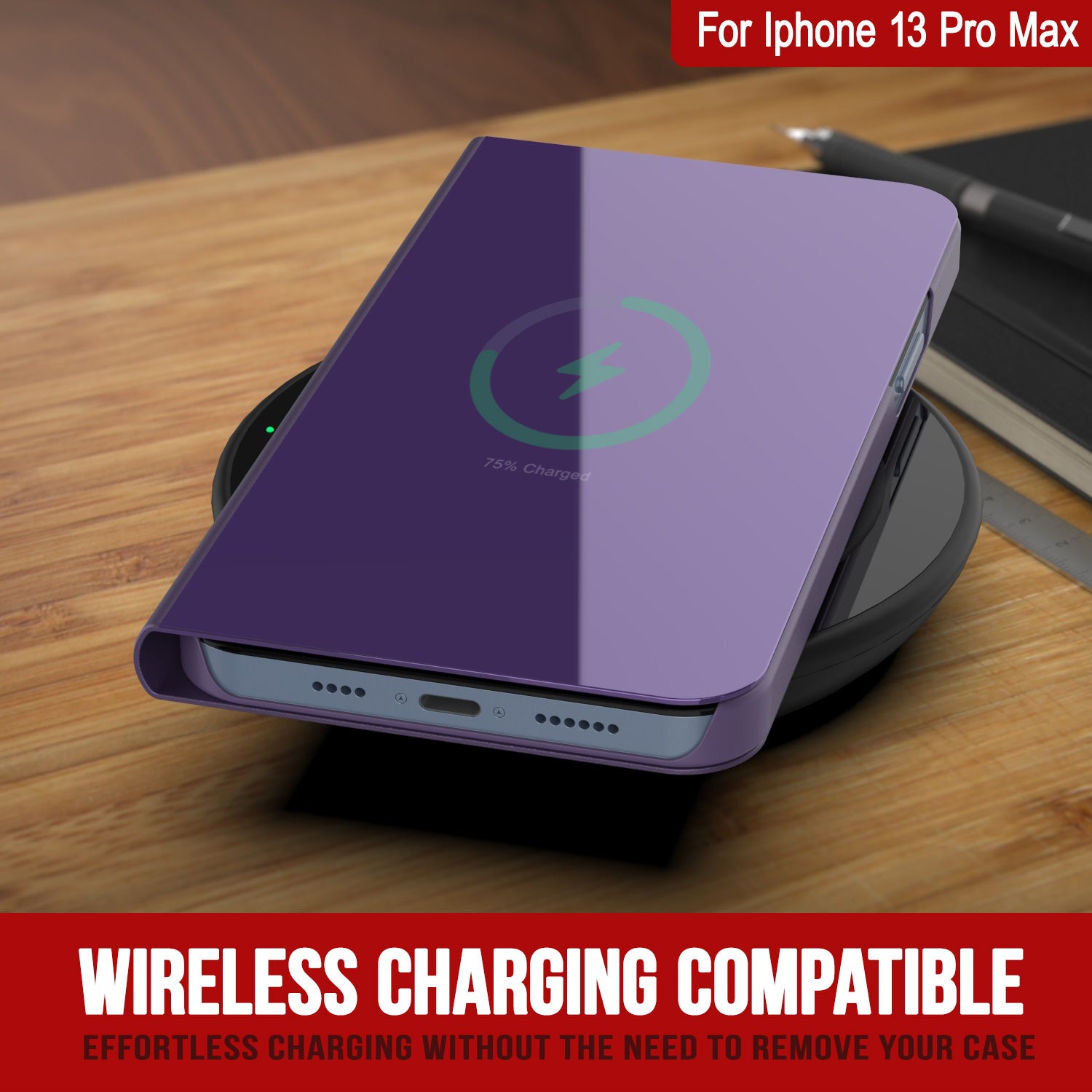 Punkcase iPhone 13 Pro Max Reflector Case Protective Flip Cover [Purple]