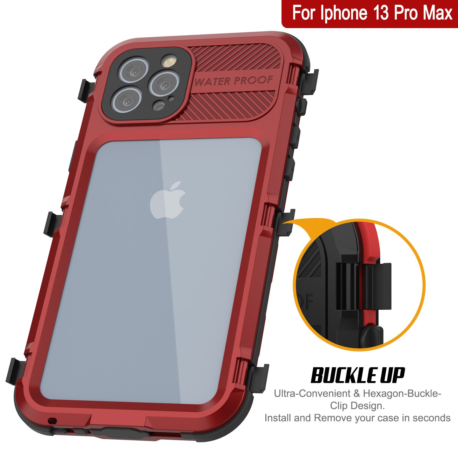 iPhone 13 Pro Max Metal Extreme 2.0 Series Aluminum Waterproof Case IP68 W/Buillt in Screen Protector [Red-Black]
