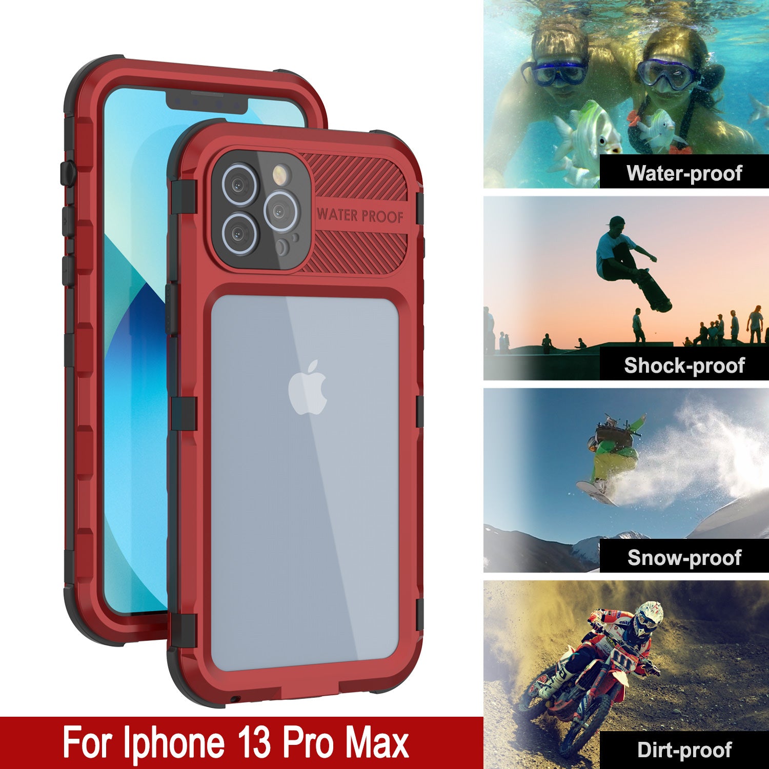 iPhone 13 Pro Max Metal Extreme 2.0 Series Aluminum Waterproof Case IP68 W/Buillt in Screen Protector [Red-Black]