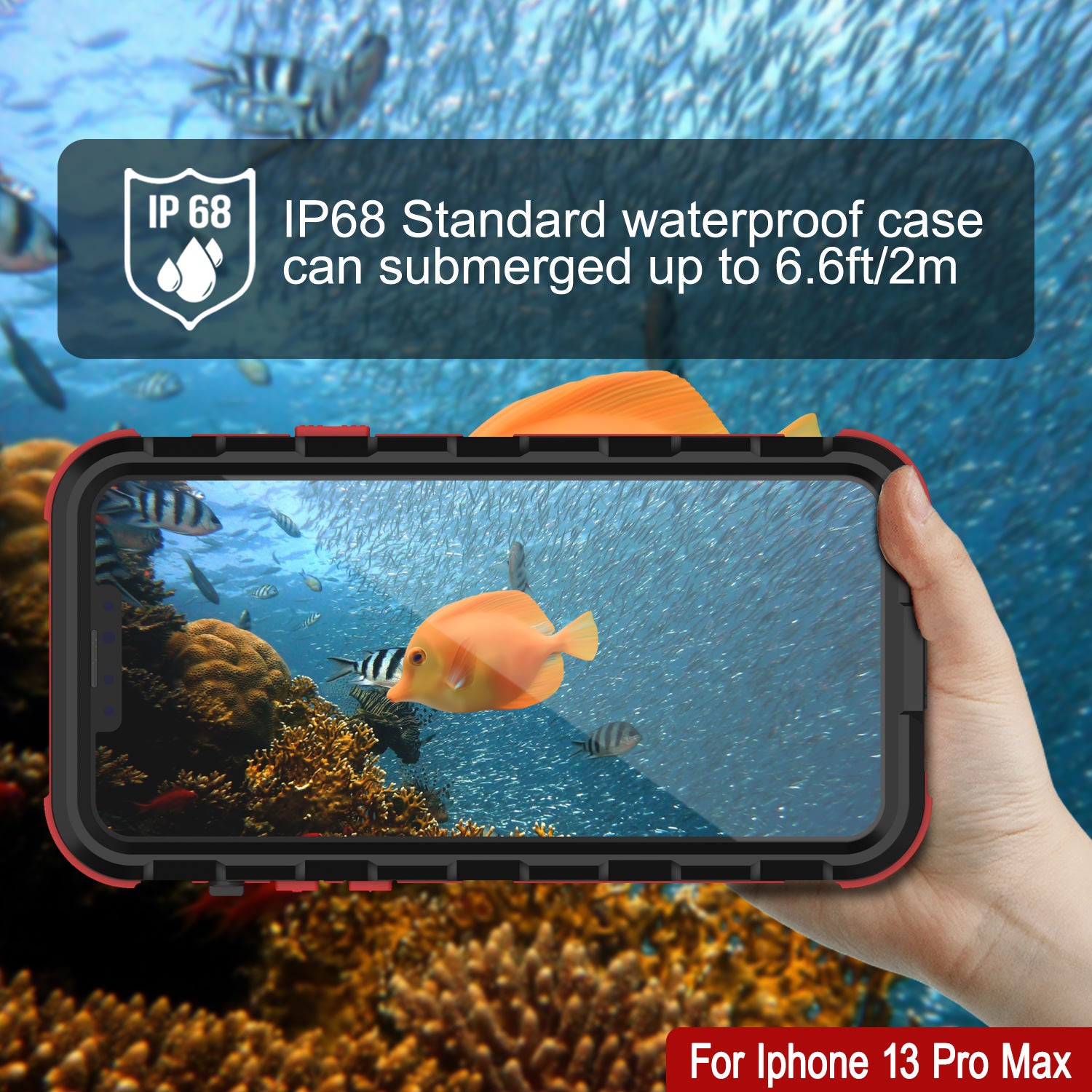 iPhone 13 Pro Max Metal Extreme 2.0 Series Aluminum Waterproof Case IP68 W/Buillt in Screen Protector [Black-Red]