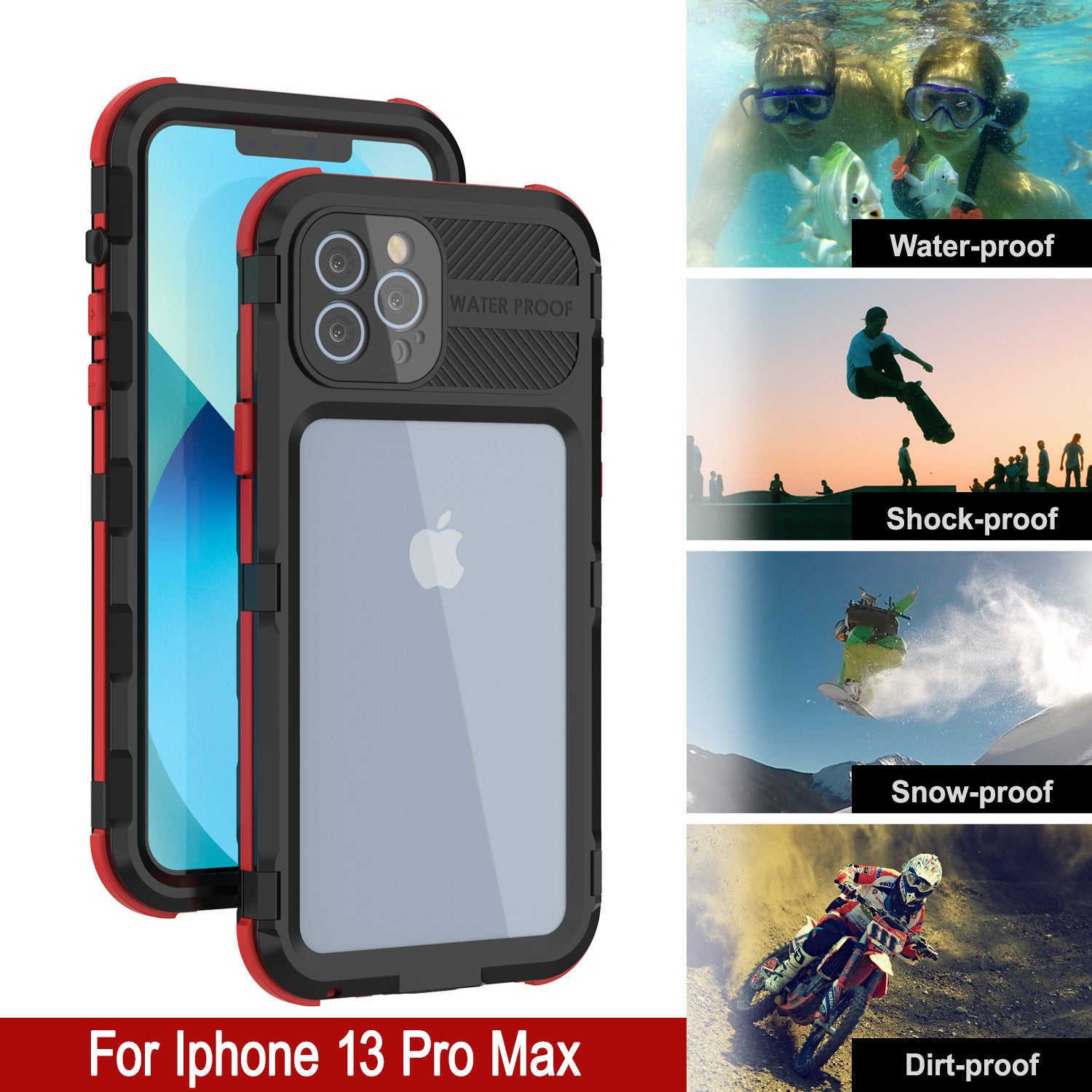 iPhone 13 Pro Max Metal Extreme 2.0 Series Aluminum Waterproof Case IP68 W/Buillt in Screen Protector [Black-Red]