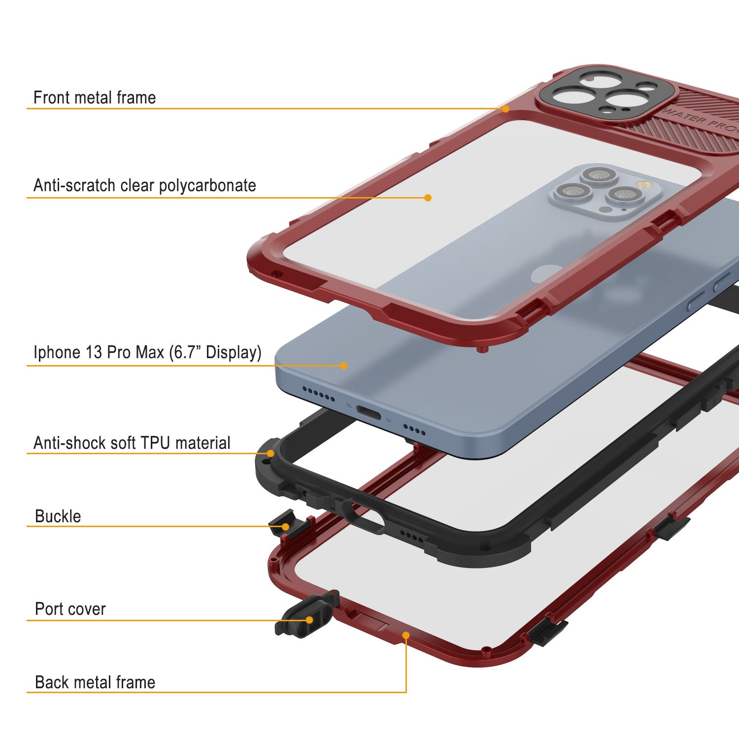iPhone 13 Pro Max Metal Extreme 2.0 Series Aluminum Waterproof Case IP68 W/Buillt in Screen Protector [Red-Black]