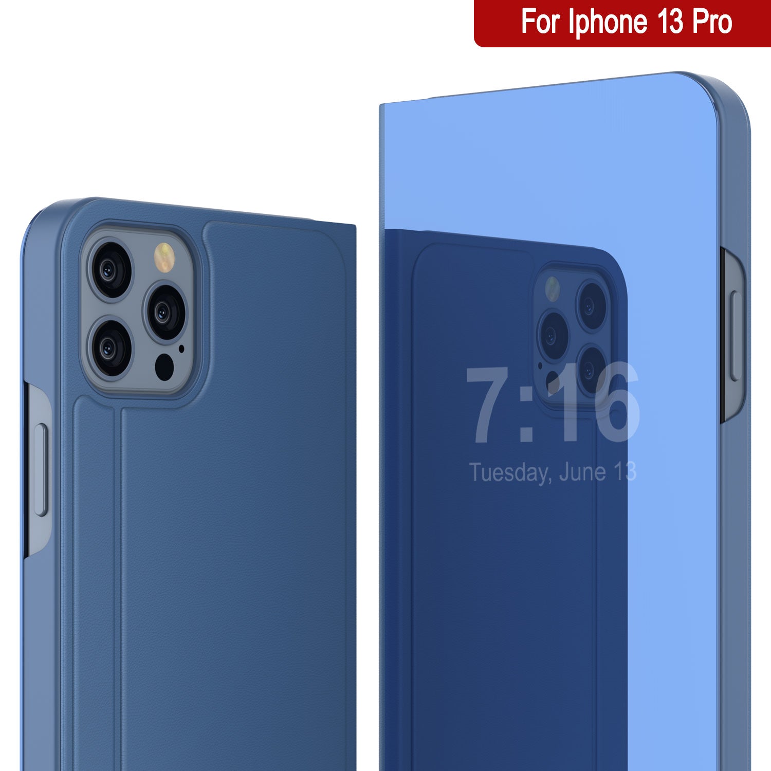 Punkcase iPhone 13 Pro Reflector Case Protective Flip Cover [Blue]