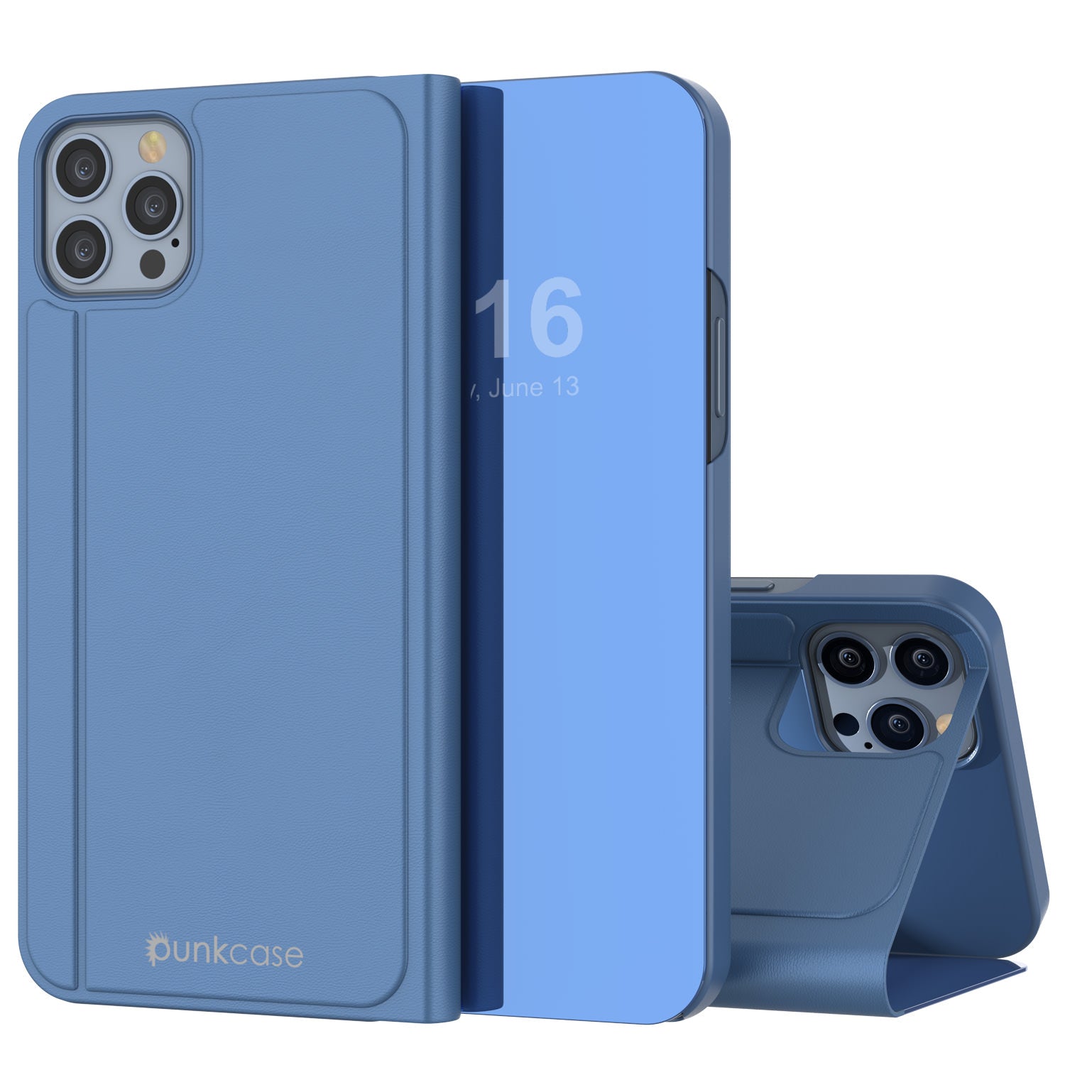 Punkcase iPhone 13 Pro Reflector Case Protective Flip Cover [Blue]