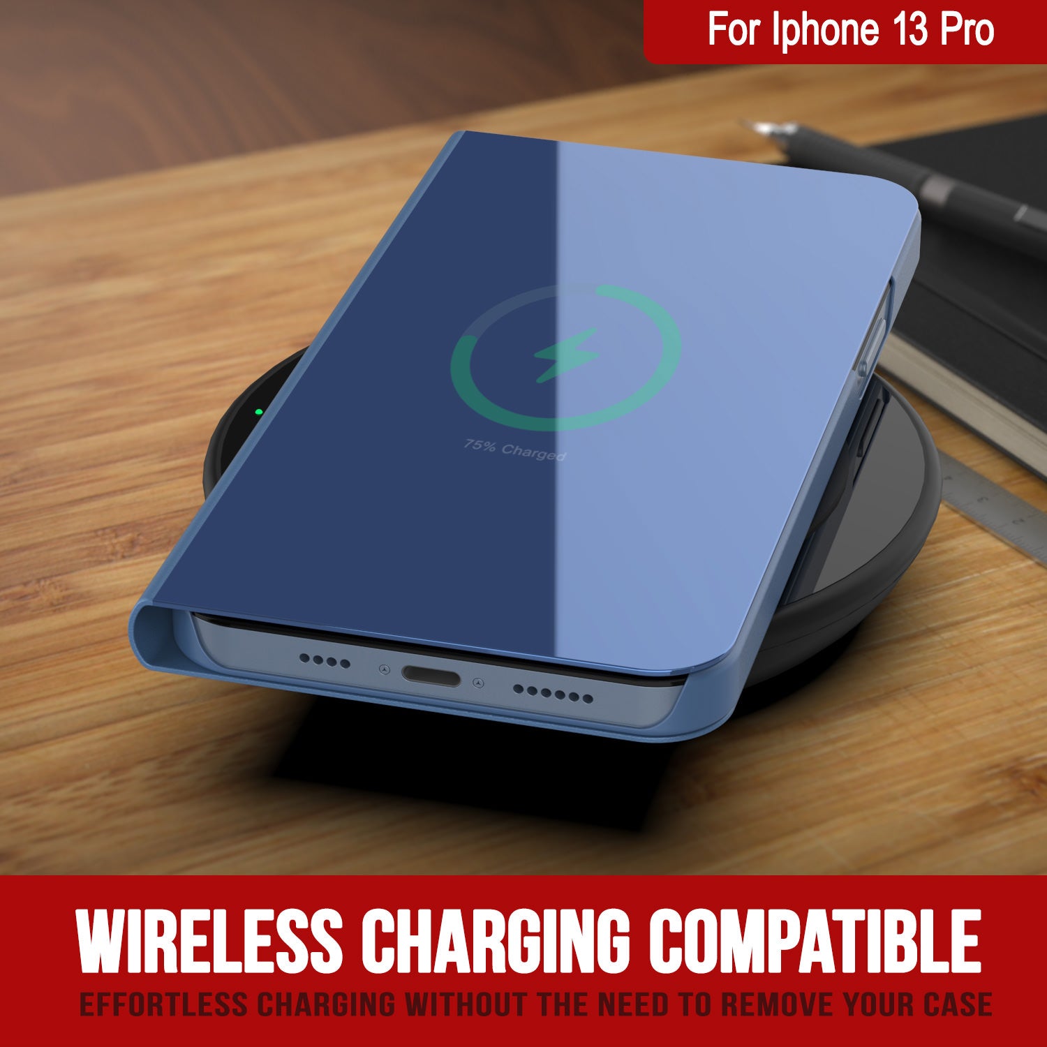 Punkcase iPhone 13 Pro Reflector Case Protective Flip Cover [Blue]