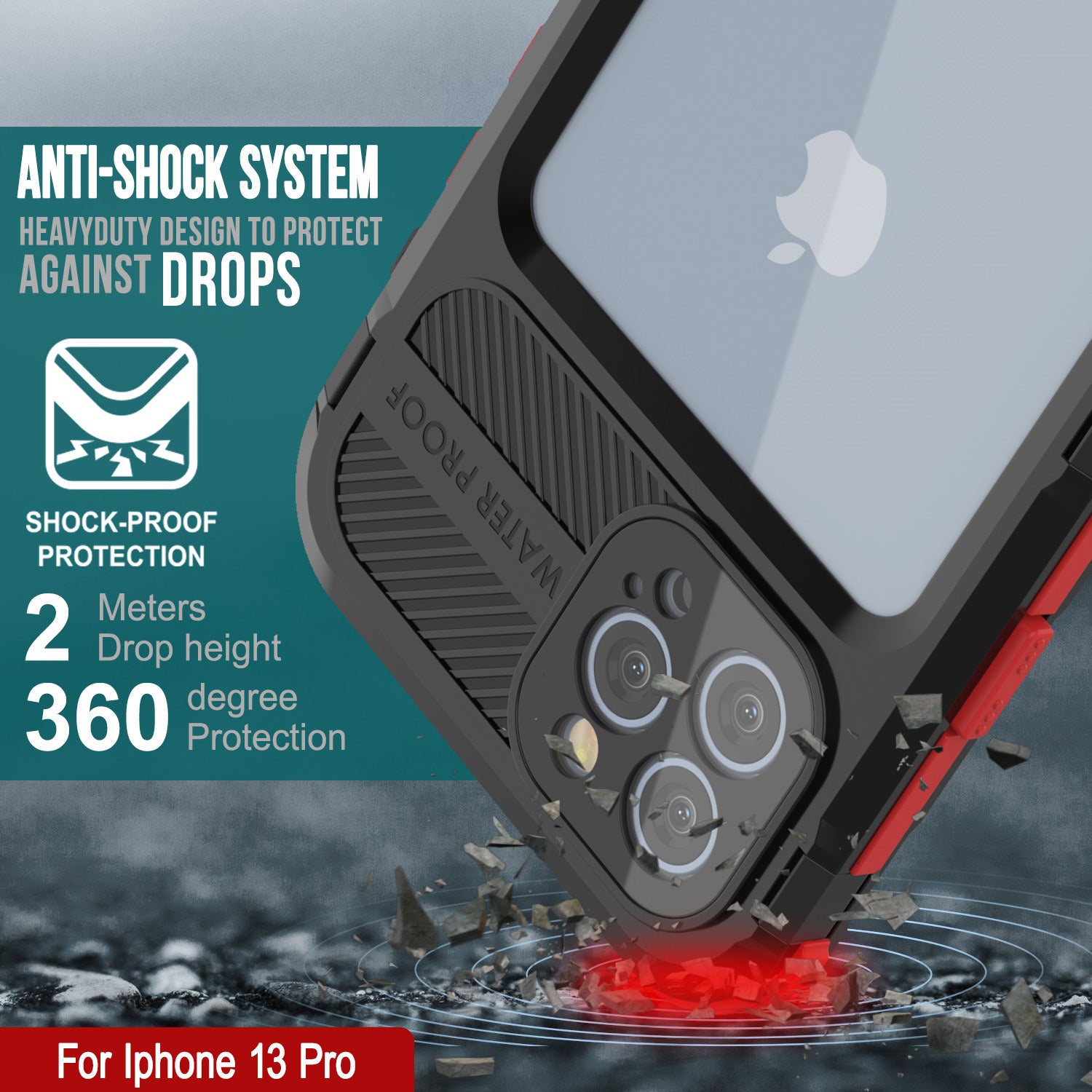 iPhone 13 Pro Metal Extreme 2.0 Series Aluminum Waterproof Case IP68 W/Buillt in Screen Protector [Black-Red]
