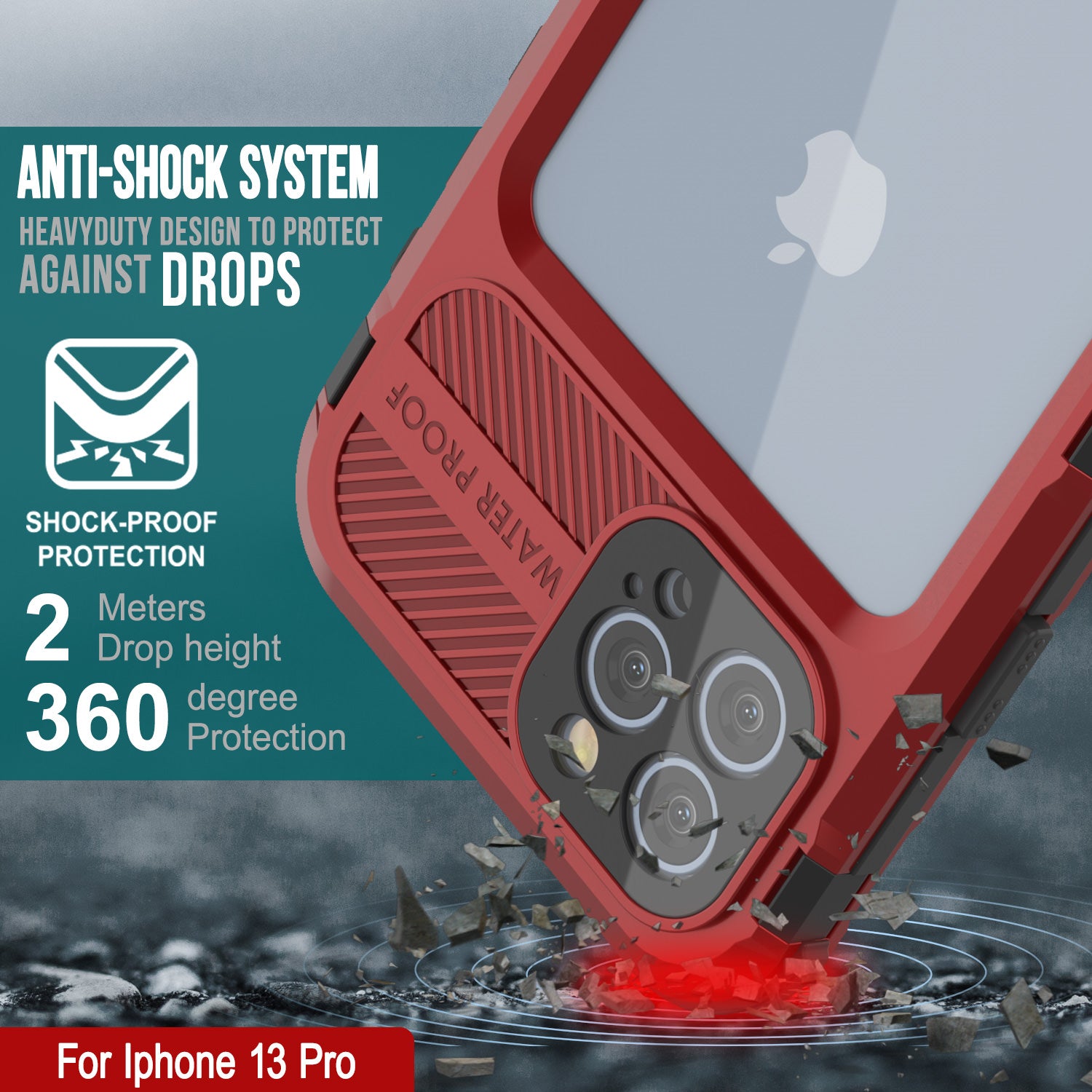 iPhone 13 Pro Metal Extreme 2.0 Series Aluminum Waterproof Case IP68 W/Buillt in Screen Protector [Red-Black]