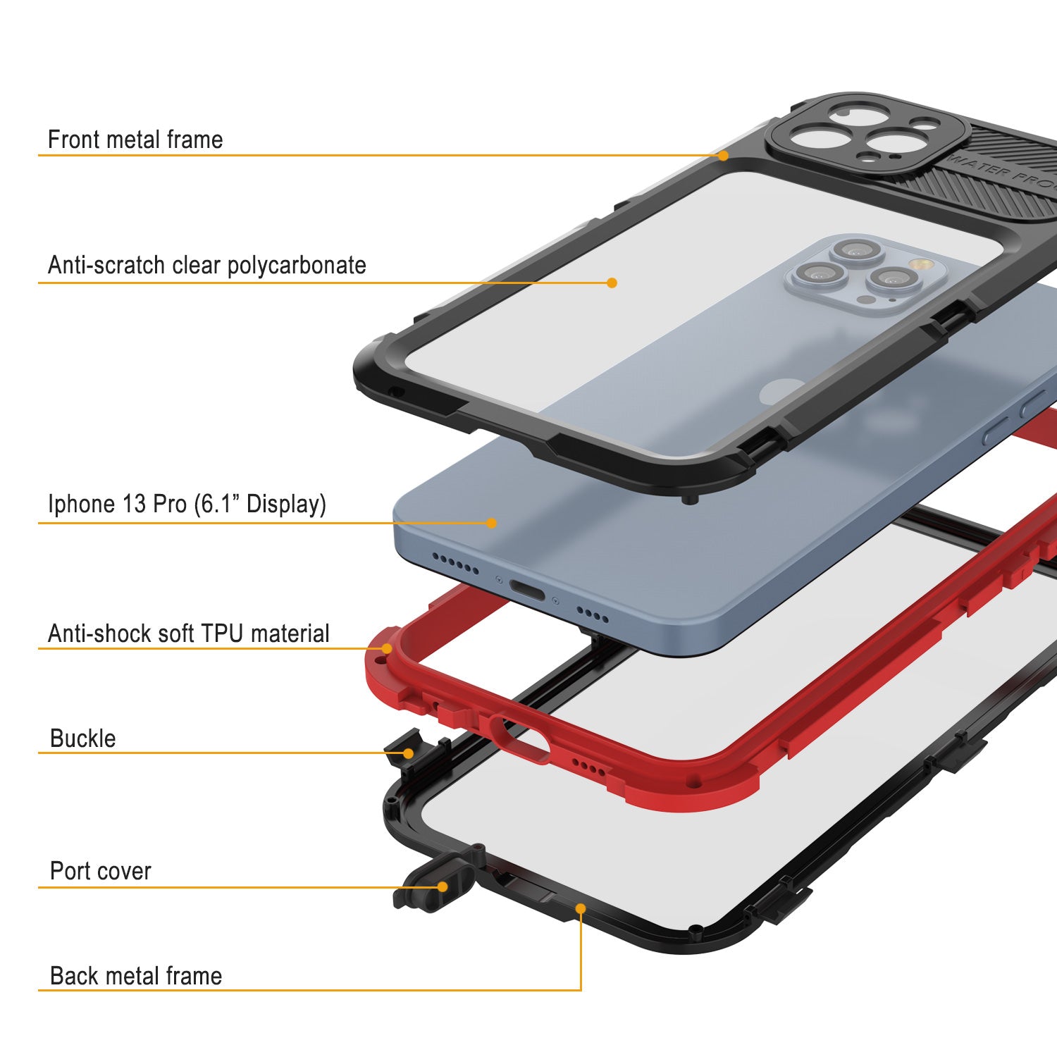 iPhone 13 Pro Metal Extreme 2.0 Series Aluminum Waterproof Case IP68 W/Buillt in Screen Protector [Black-Red]