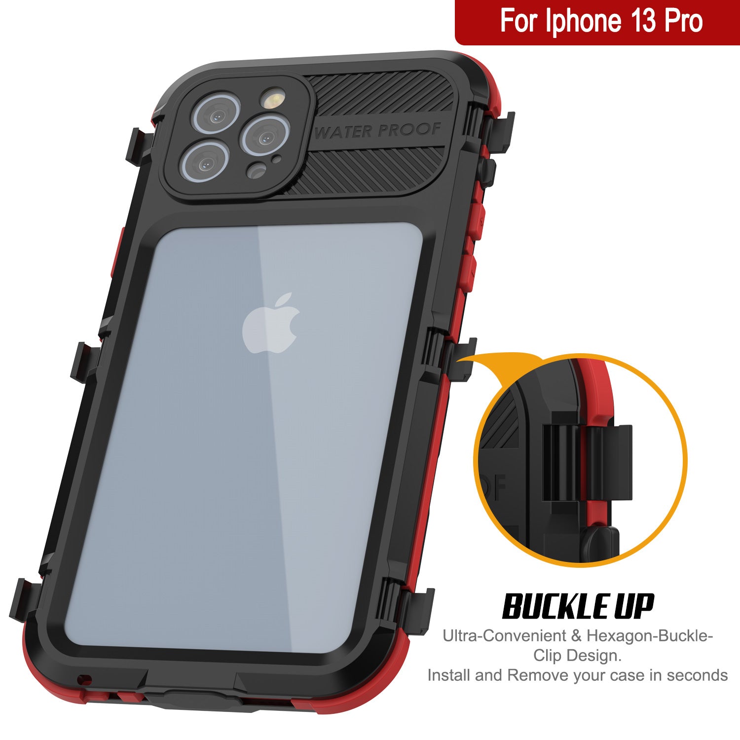 iPhone 13 Pro Metal Extreme 2.0 Series Aluminum Waterproof Case IP68 W/Buillt in Screen Protector [Black-Red]