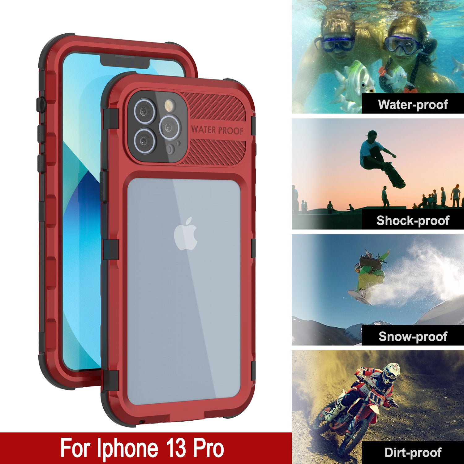 iPhone 13 Pro Metal Extreme 2.0 Series Aluminum Waterproof Case IP68 W/Buillt in Screen Protector [Red-Black]