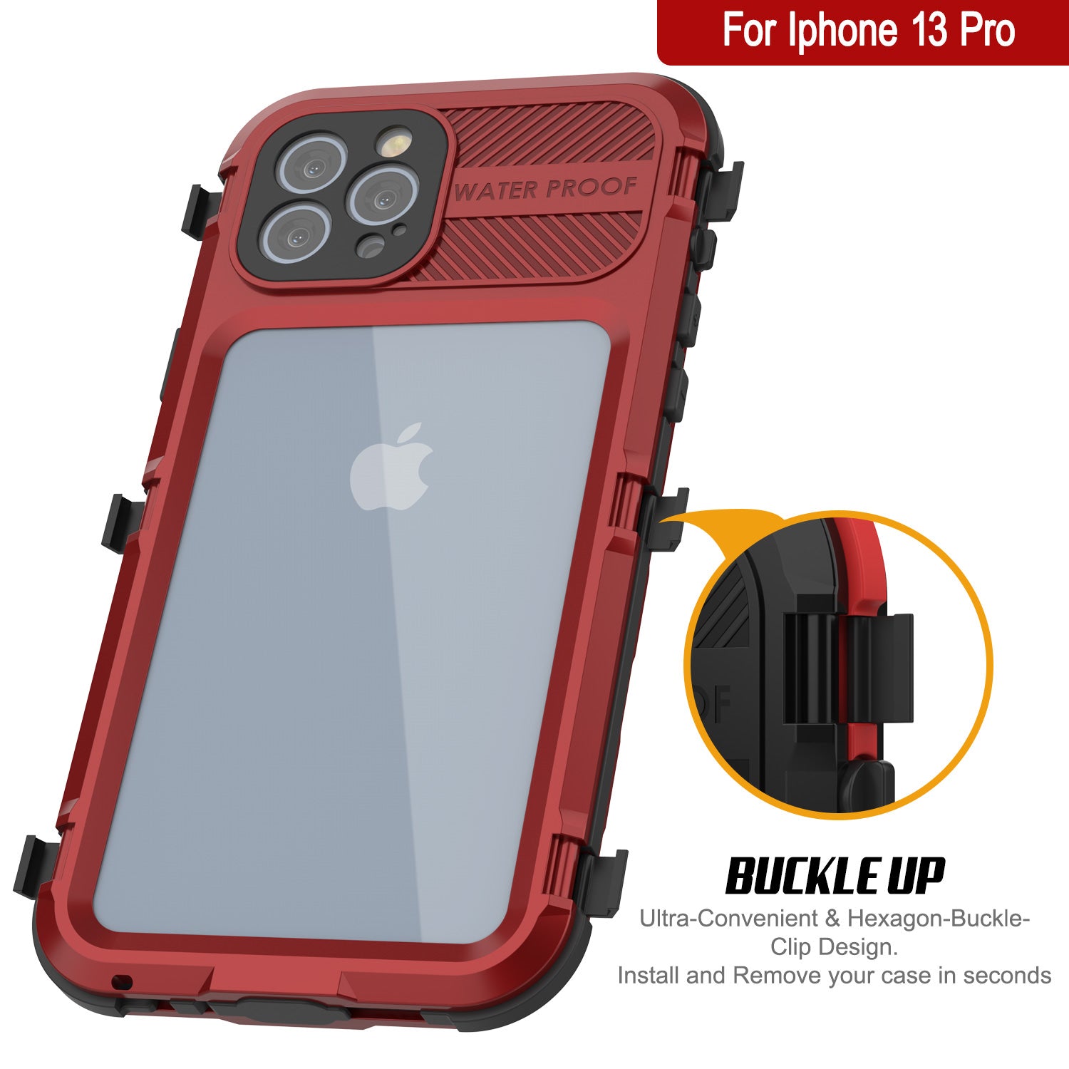 iPhone 13 Pro Metal Extreme 2.0 Series Aluminum Waterproof Case IP68 W/Buillt in Screen Protector [Red-Black]