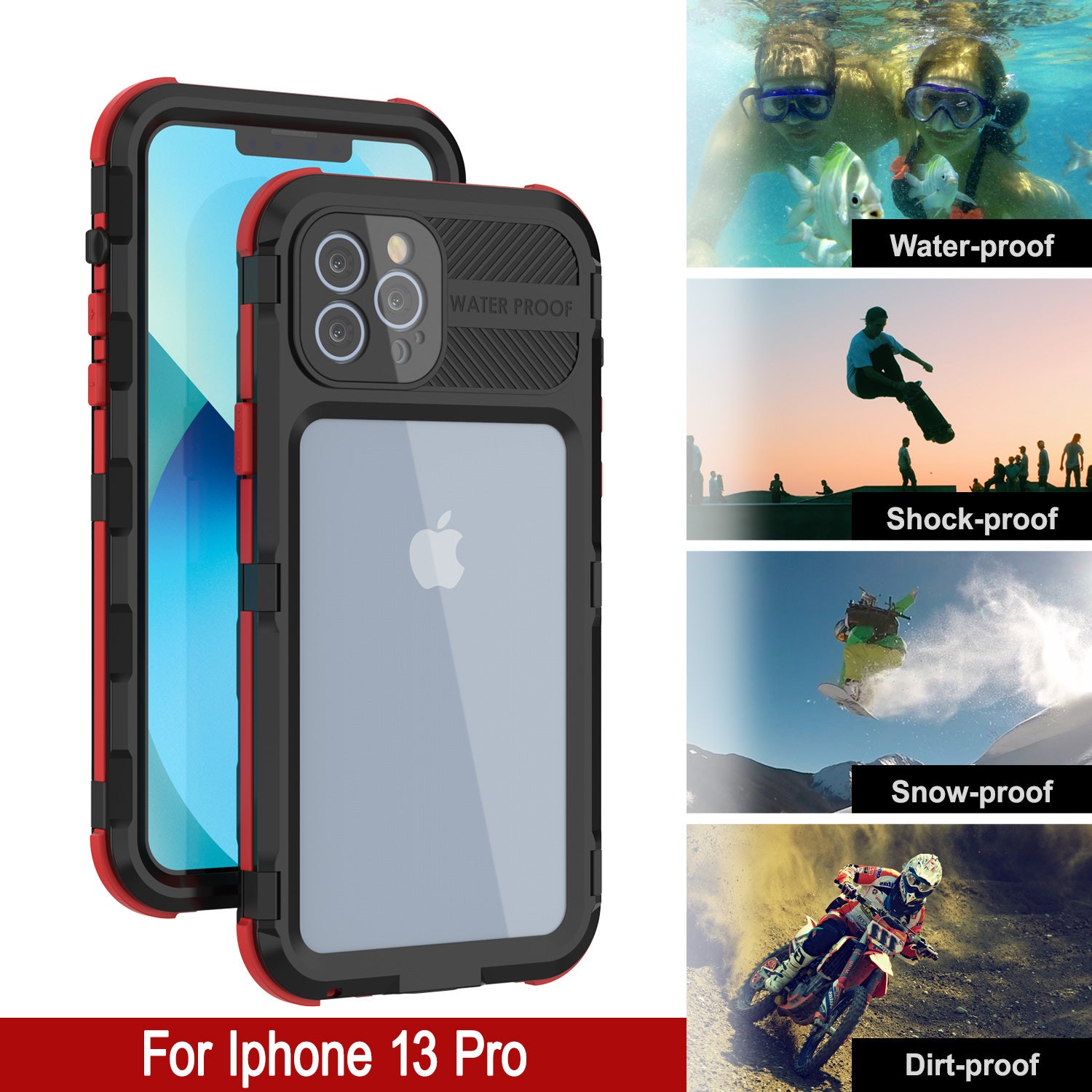 iPhone 13 Pro Metal Extreme 2.0 Series Aluminum Waterproof Case IP68 W/Buillt in Screen Protector [Black-Red]