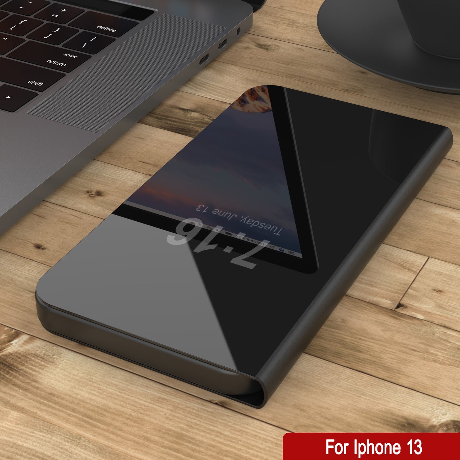 Punkcase iPhone 13 Reflector Case Protective Flip Cover [Black]