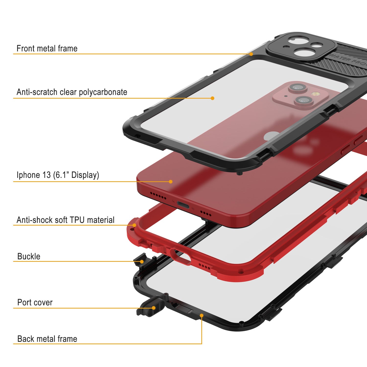 iPhone 13 Metal Extreme 2.0 Series Aluminum Waterproof Case IP68 W/Buillt in Screen Protector [Black-Red]