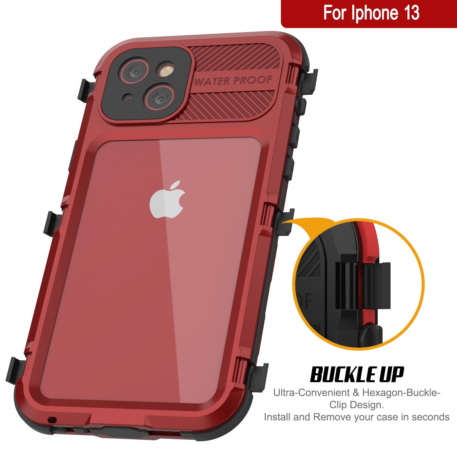 iPhone 13 Metal Extreme 2.0 Series Aluminum Waterproof Case IP68 W/Buillt in Screen Protector [Red-Black]