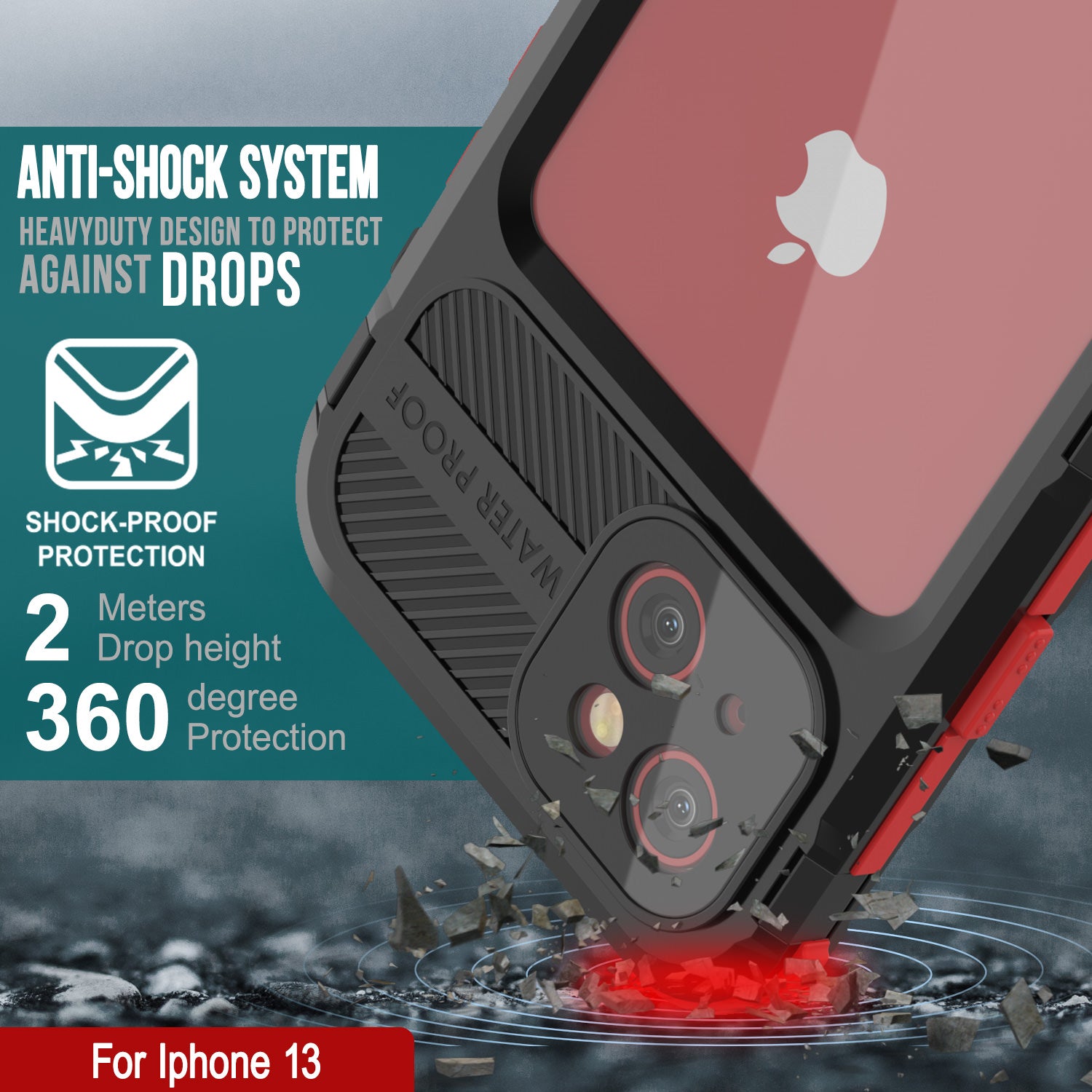 iPhone 13 Metal Extreme 2.0 Series Aluminum Waterproof Case IP68 W/Buillt in Screen Protector [Black-Red]