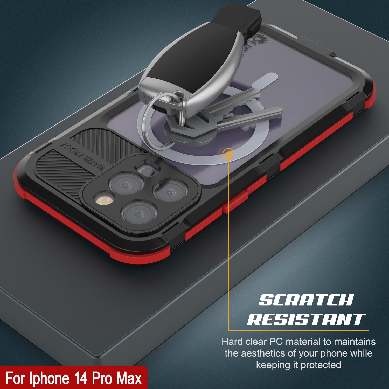 iPhone 14 Pro Metal Extreme 2.0 Series Aluminum Waterproof Case IP68 W/Buillt in Screen Protector [Black-Red]