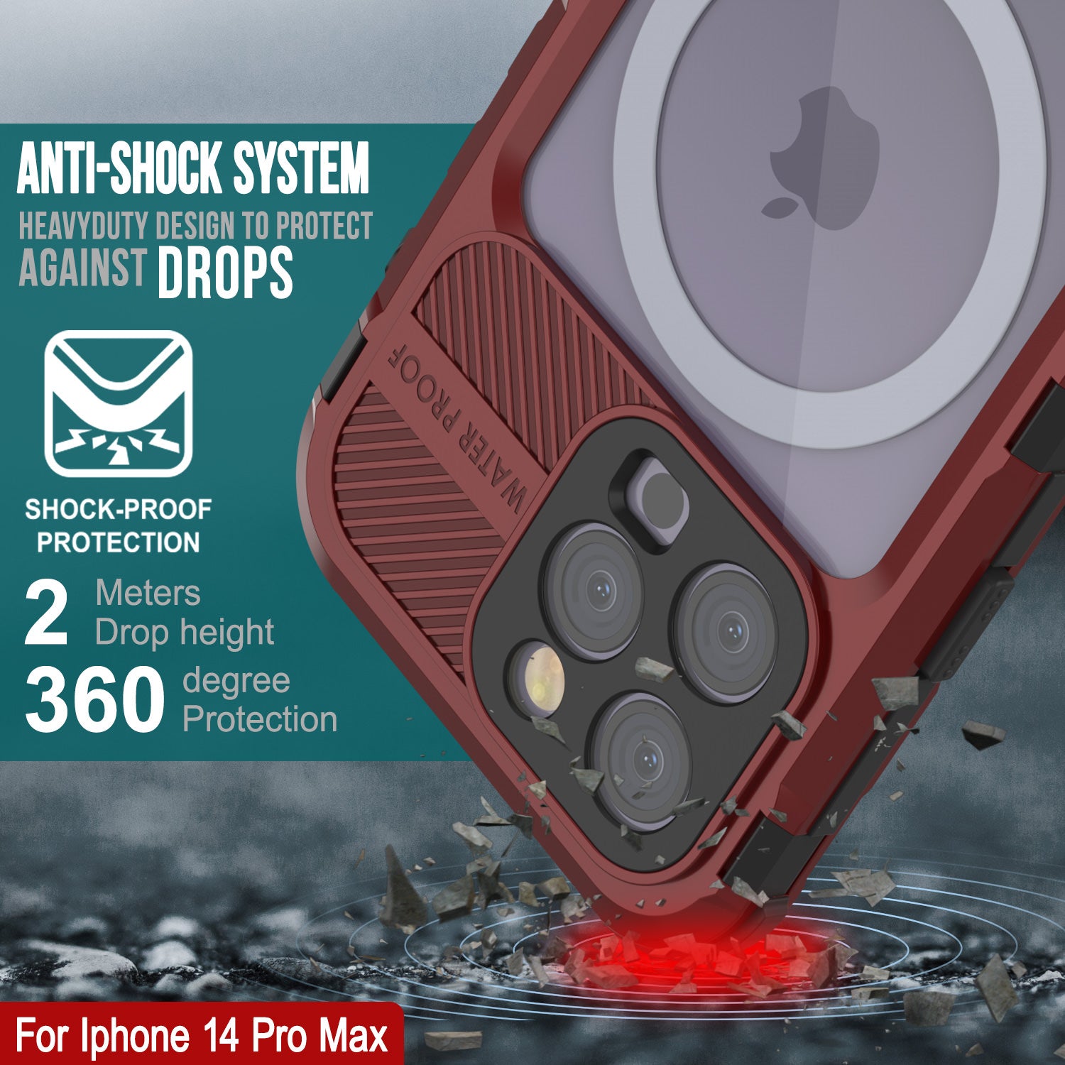 iPhone 14 Pro Metal Extreme 2.0 Series Aluminum Waterproof Case IP68 W/Buillt in Screen Protector [Red-Black]