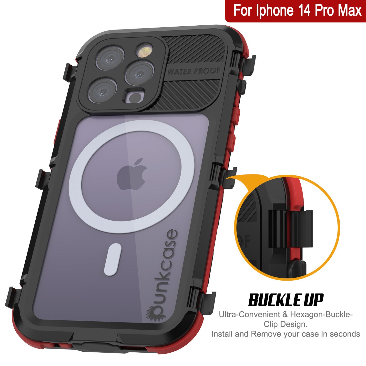 iPhone 14 Pro Metal Extreme 2.0 Series Aluminum Waterproof Case IP68 W/Buillt in Screen Protector [Black-Red]