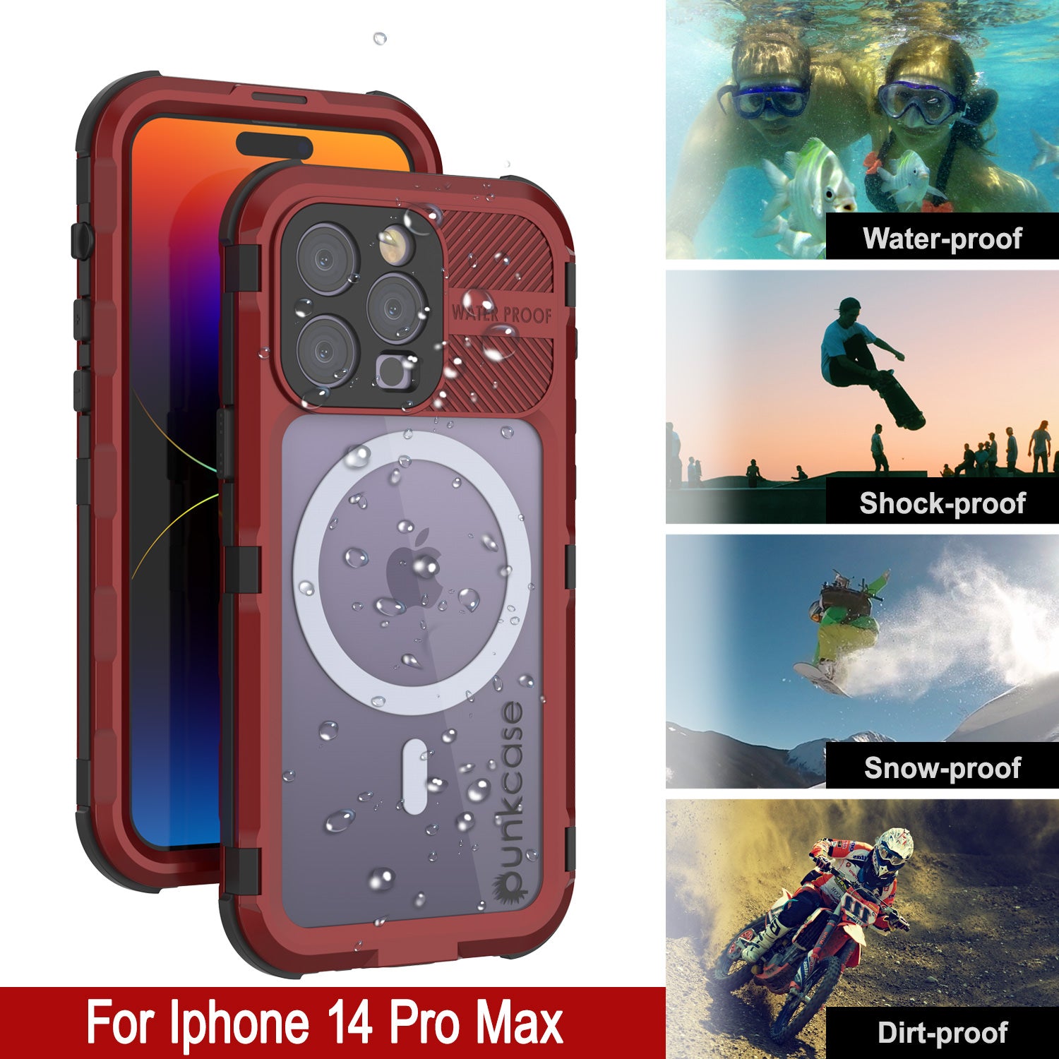 iPhone 14 Pro Metal Extreme 2.0 Series Aluminum Waterproof Case IP68 W/Buillt in Screen Protector [Red-Black]