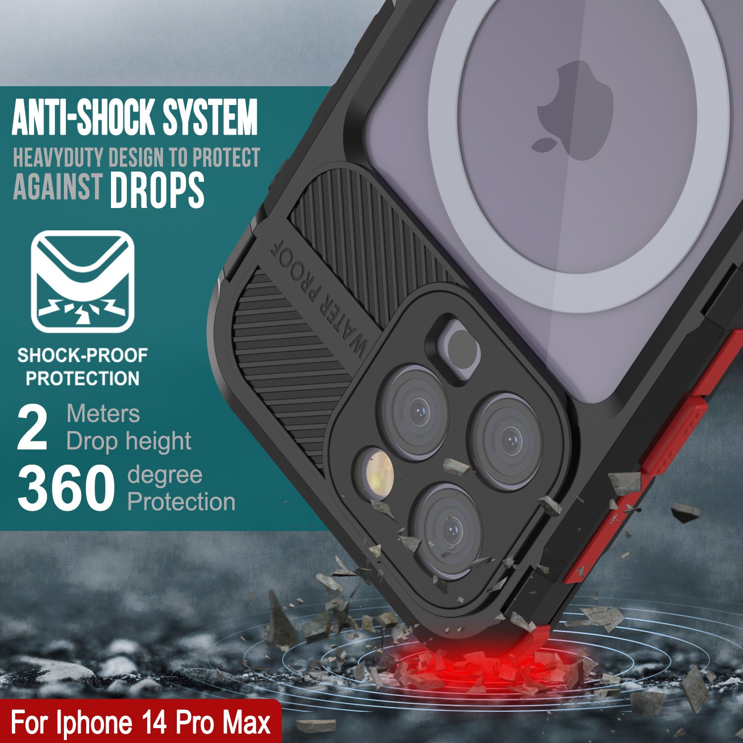 iPhone 14 Pro Metal Extreme 2.0 Series Aluminum Waterproof Case IP68 W/Buillt in Screen Protector [Black-Red]