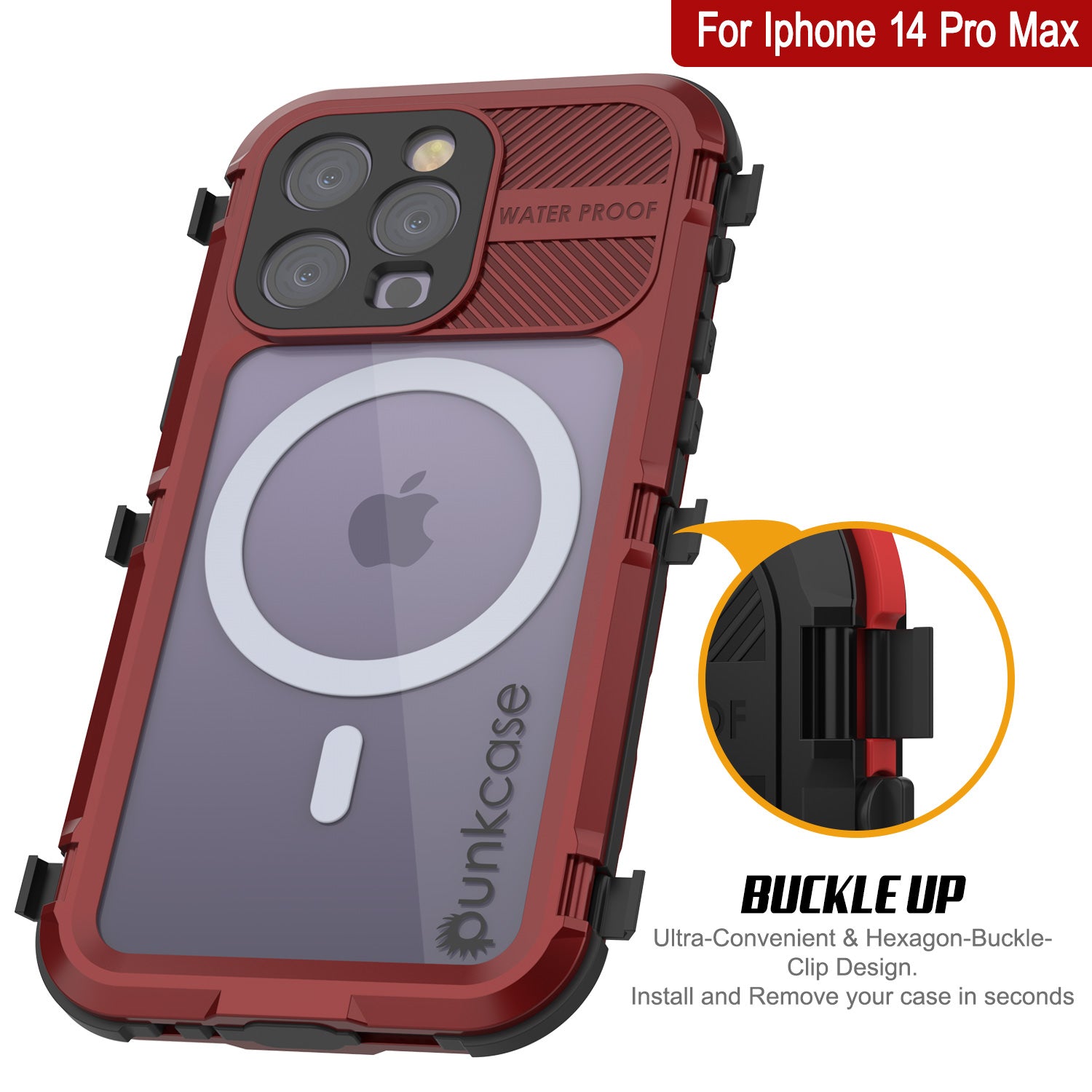 iPhone 14 Pro Metal Extreme 2.0 Series Aluminum Waterproof Case IP68 W/Buillt in Screen Protector [Red-Black]