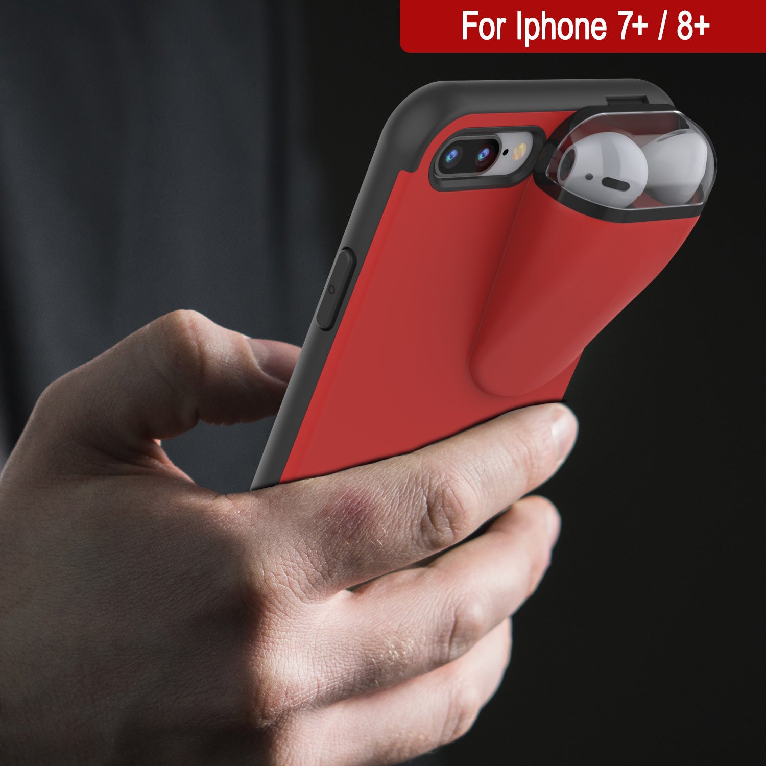 Punkcase iPhone 7+ Plus Airpod Charging Case Holder | Slim & Durable 2 in 1 for iPhone 8+/7+ [Red]