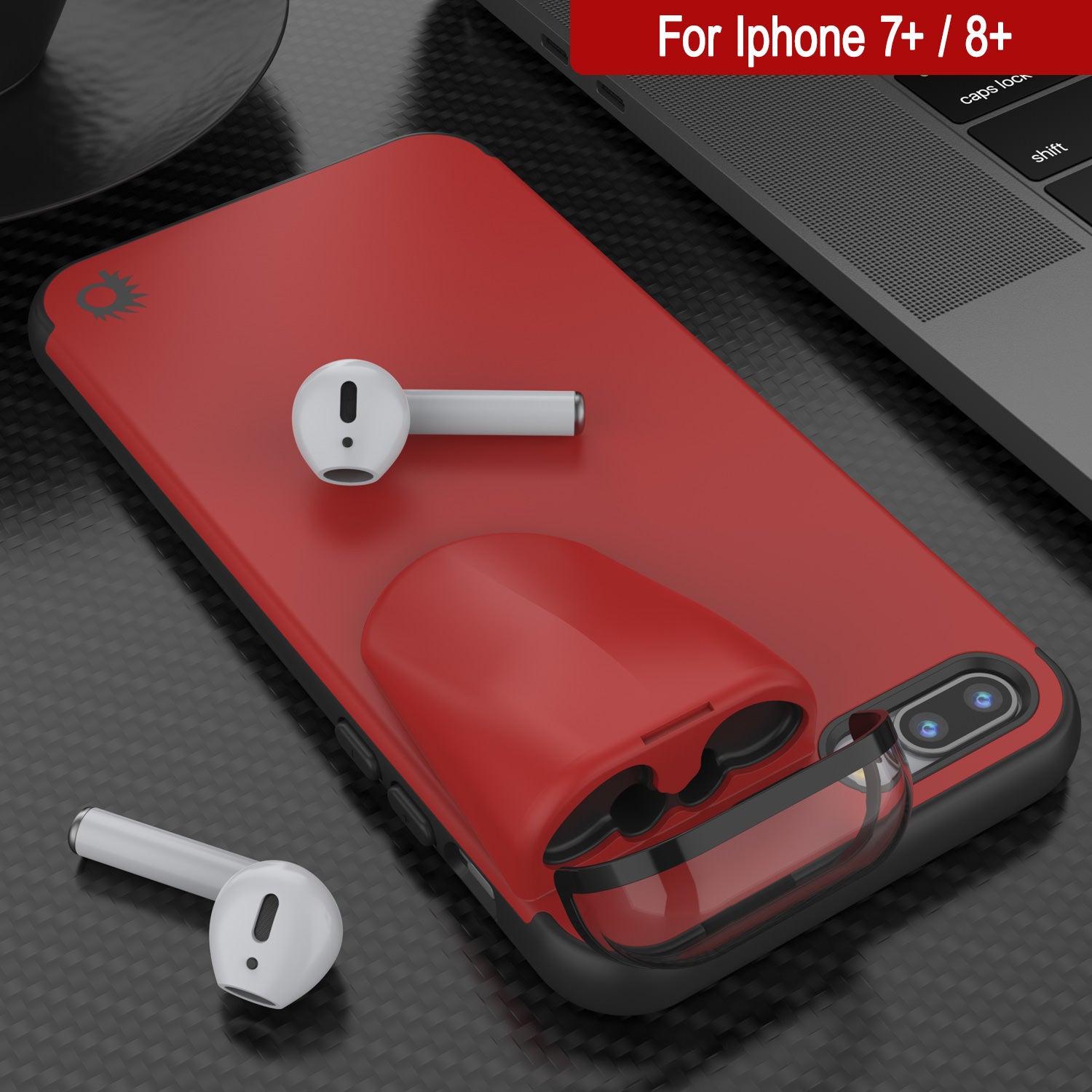 Punkcase iPhone 7+ Plus Airpod Charging Case Holder | Slim & Durable 2 in 1 for iPhone 8+/7+ [Red]
