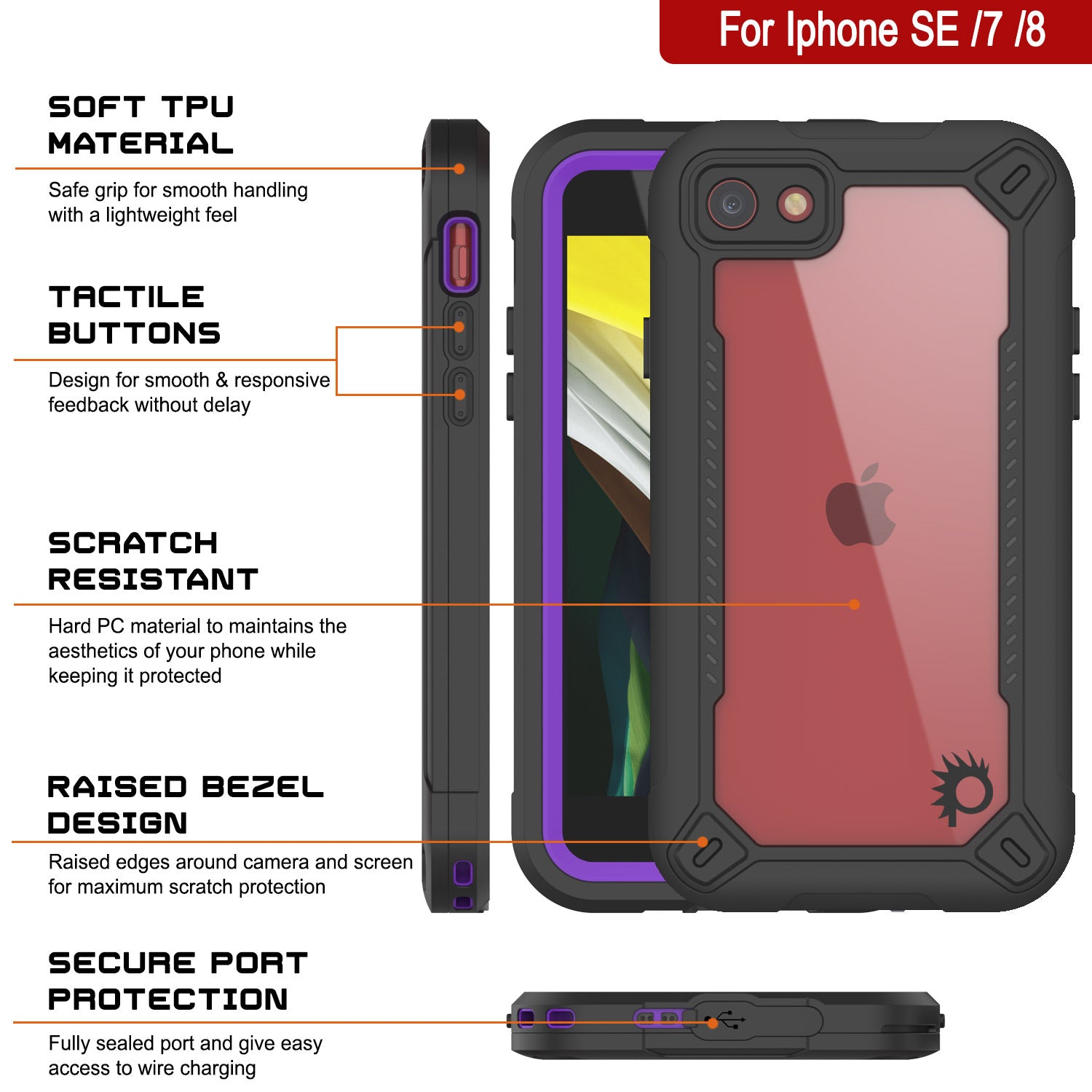iPhone 8 Waterproof IP68 Case, Punkcase [Purple]  [Maximus Series] [Slim Fit] [IP68 Certified] [Shockresistant] Clear Armor Cover with Screen Protector | Ultimate Protection