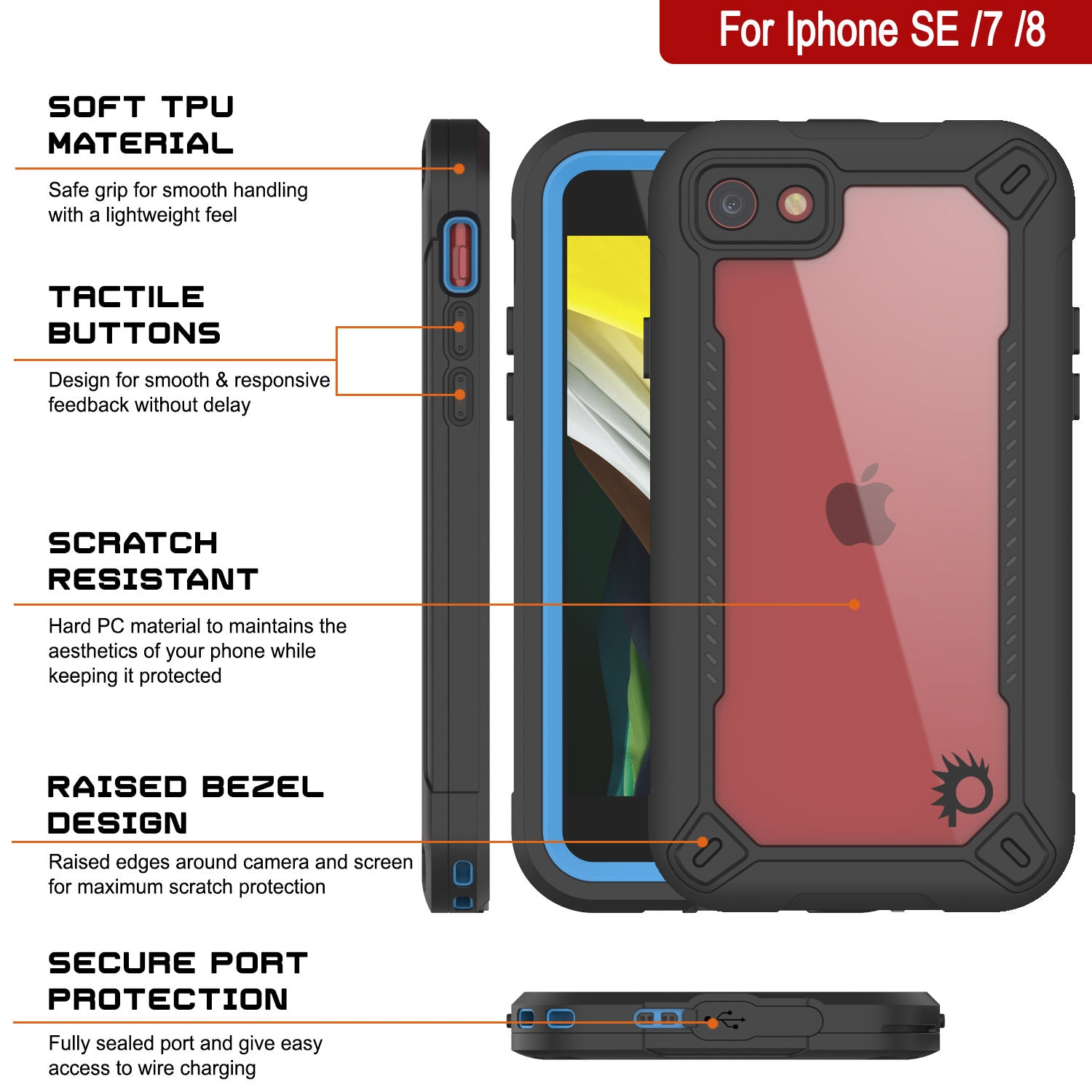 iPhone 8 Waterproof IP68 Case, Punkcase [Blue]  [Maximus Series] [Slim Fit] [IP68 Certified] [Shockresistant] Clear Armor Cover with Screen Protector | Ultimate Protection