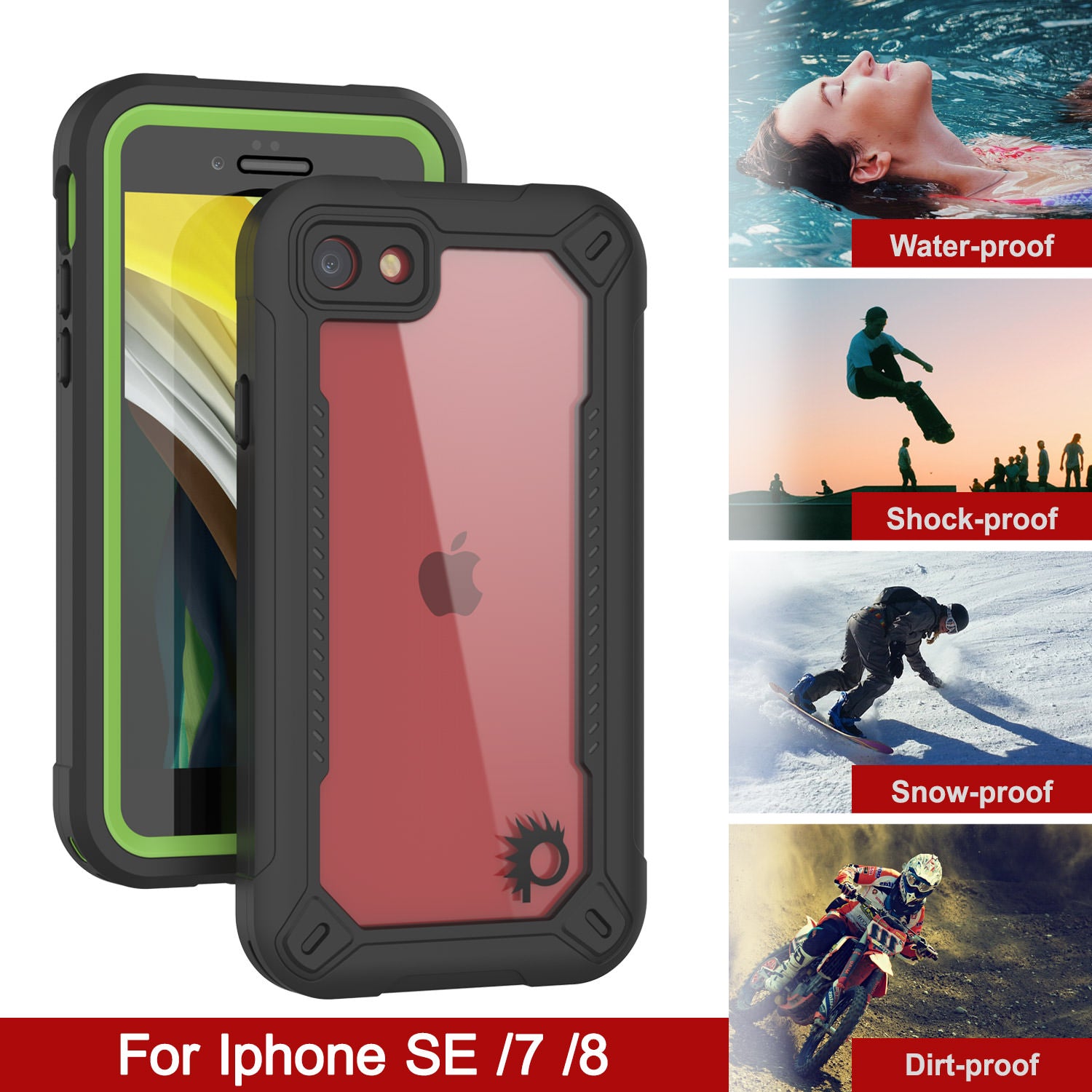 iPhone SE (4.7") Waterproof IP68 Case, Punkcase [Green]  [Maximus Series] [Slim Fit] [IP68 Certified] [Shockresistant] Clear Armor Cover with Screen Protector | Ultimate Protection
