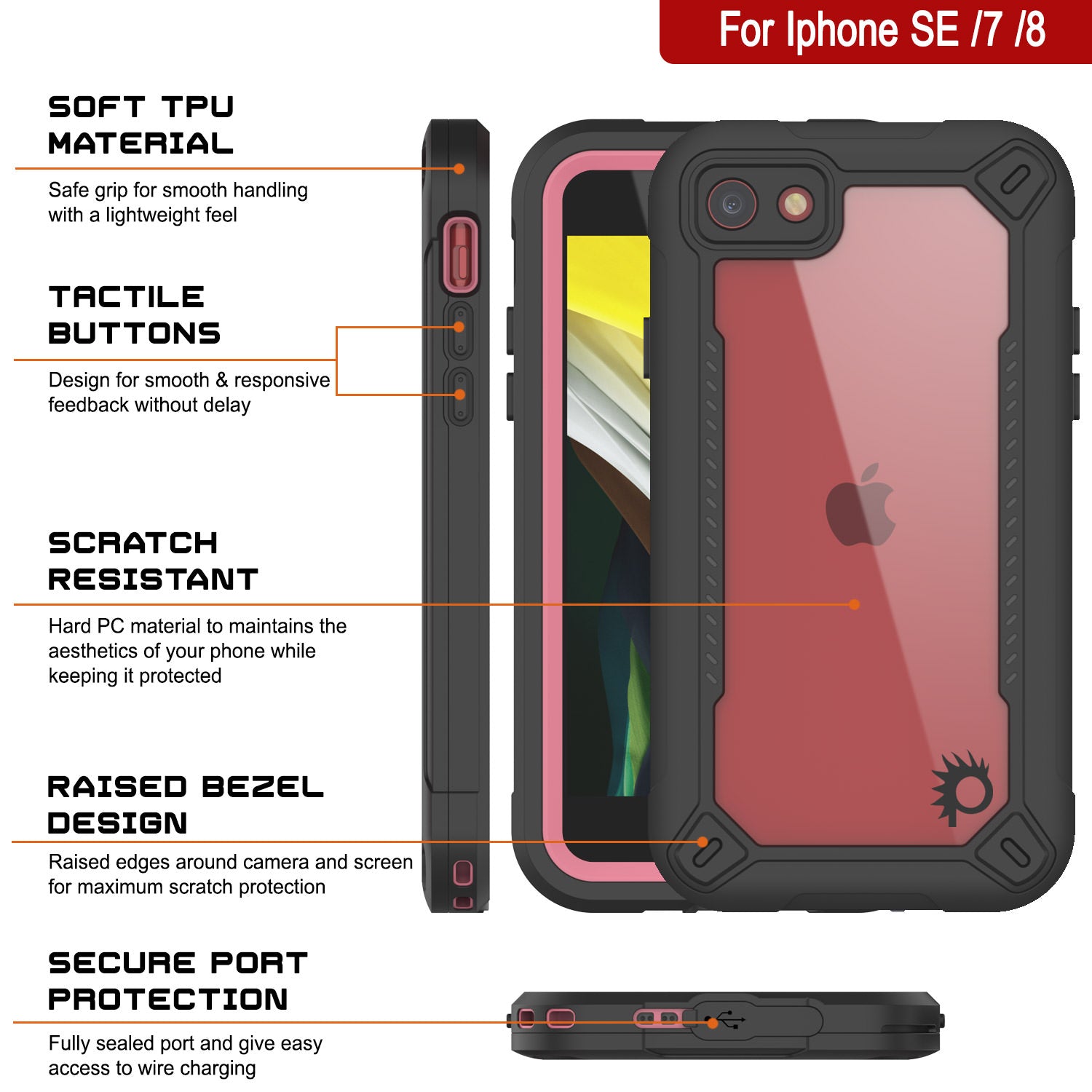 iPhone SE (4.7") Waterproof IP68 Case, Punkcase [pink]  [Maximus Series] [Slim Fit] [IP68 Certified] [Shockresistant] Clear Armor Cover with Screen Protector | Ultimate Protection