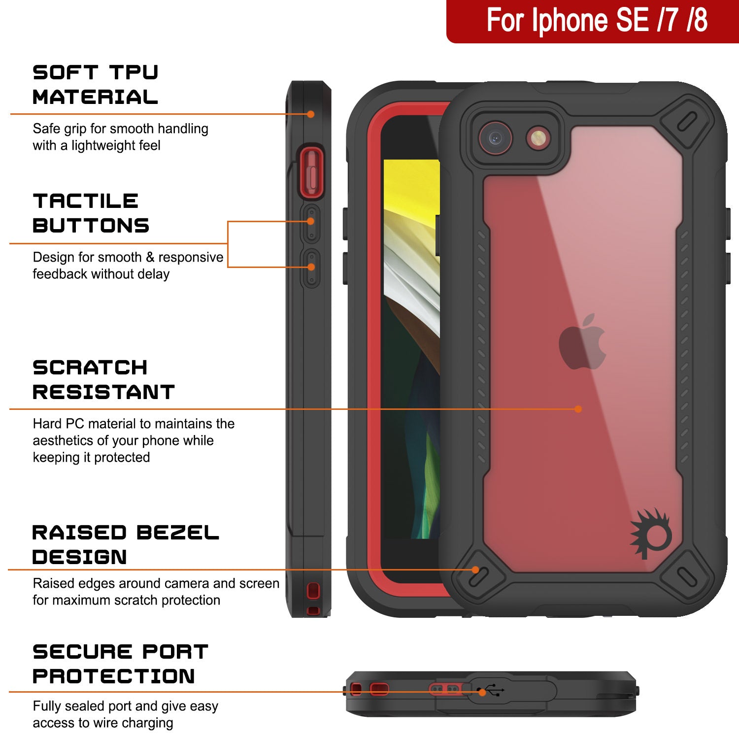 iPhone SE (4.7") Waterproof IP68 Case, Punkcase [red]  [Maximus Series] [Slim Fit] [IP68 Certified] [Shockresistant] Clear Armor Cover with Screen Protector | Ultimate Protection