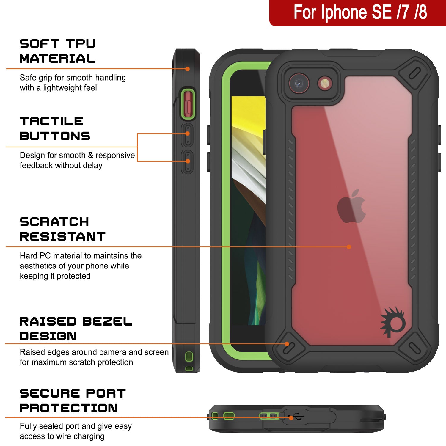 iPhone SE (4.7") Waterproof IP68 Case, Punkcase [Green]  [Maximus Series] [Slim Fit] [IP68 Certified] [Shockresistant] Clear Armor Cover with Screen Protector | Ultimate Protection