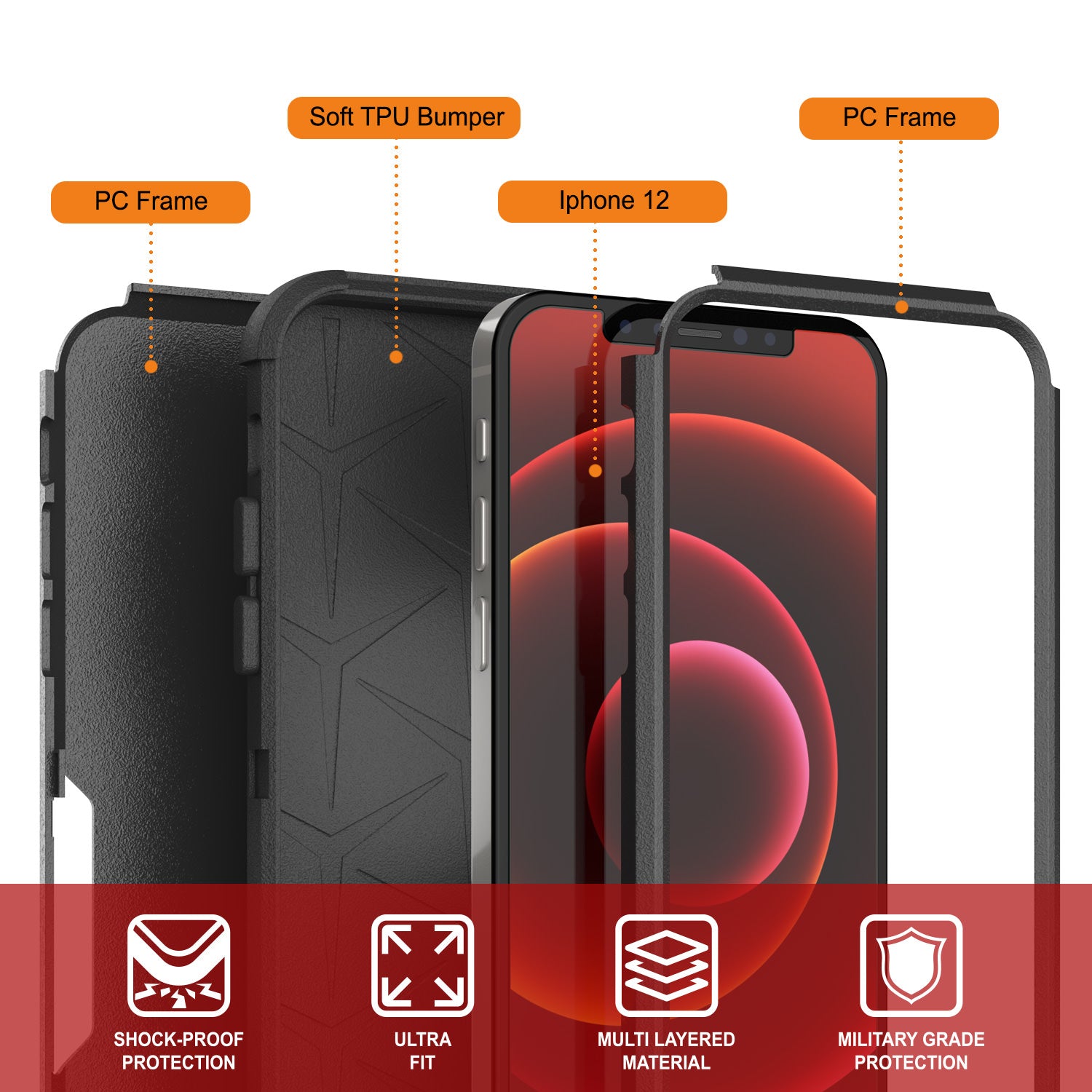 Punkcase for iPhone 12 Belt Clip Multilayer Holster Case [Patron Series] [Black]