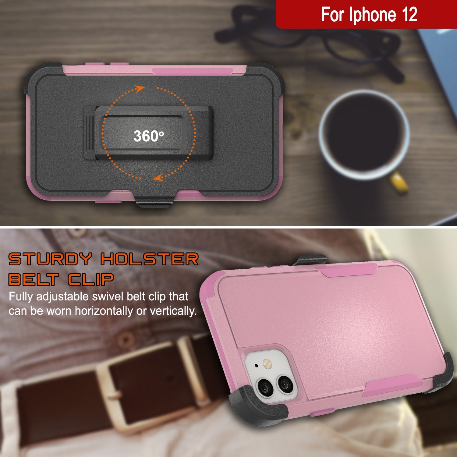 Punkcase for iPhone 12 Belt Clip Multilayer Holster Case [Patron Series] [Pink]