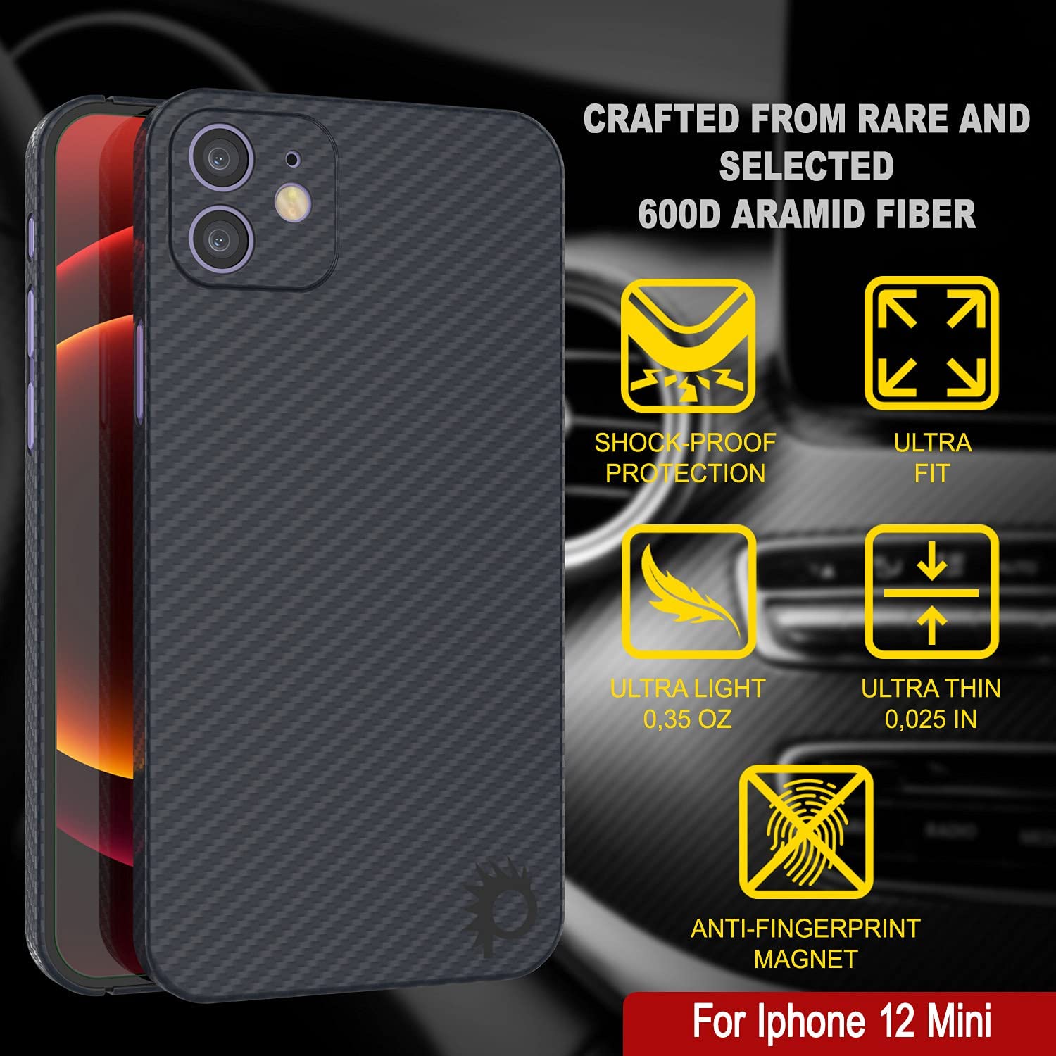 Punkcase iPhone 12 Mini Carbon Fiber Case [AramidShield Series] Ultra Slim & Light Kevlar