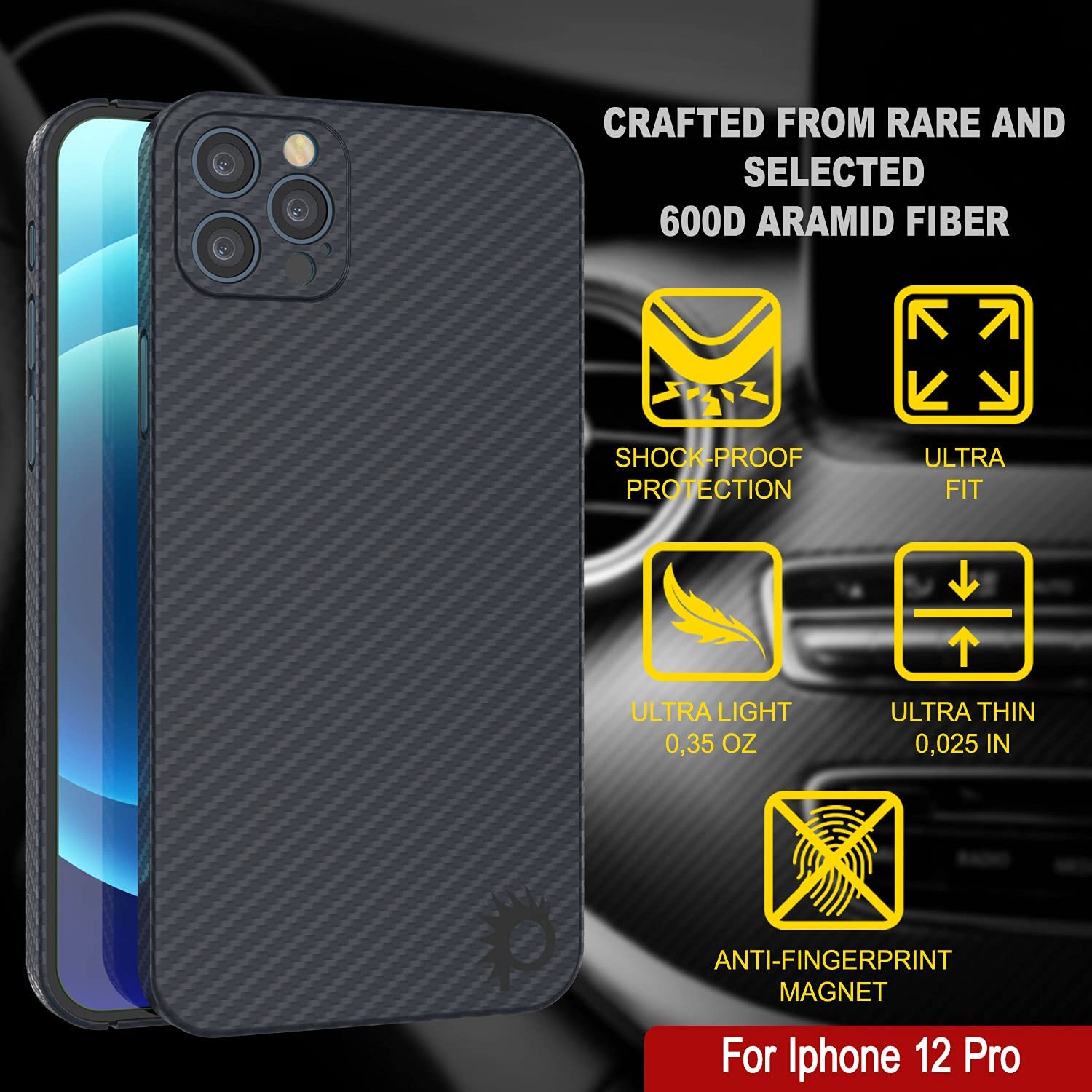 Punkcase iPhone 12 Pro Carbon Fiber Case [AramidShield Series] Ultra Slim & Light Kevlar