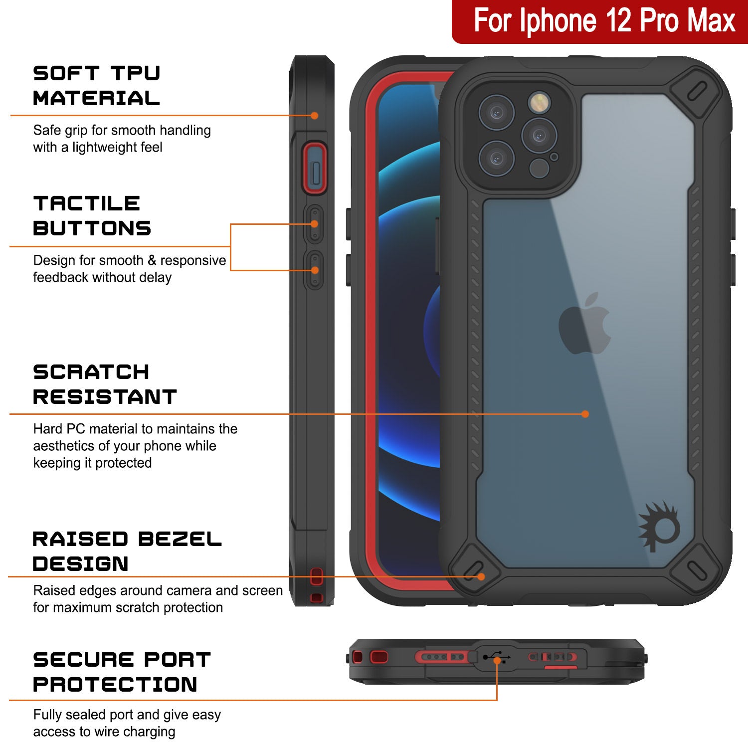 iPhone 12 Pro Max Waterproof IP68 Case, Punkcase [red]  [Maximus Series] [Slim Fit] [IP68 Certified] [Shockresistant] Clear Armor Cover with Screen Protector | Ultimate Protection