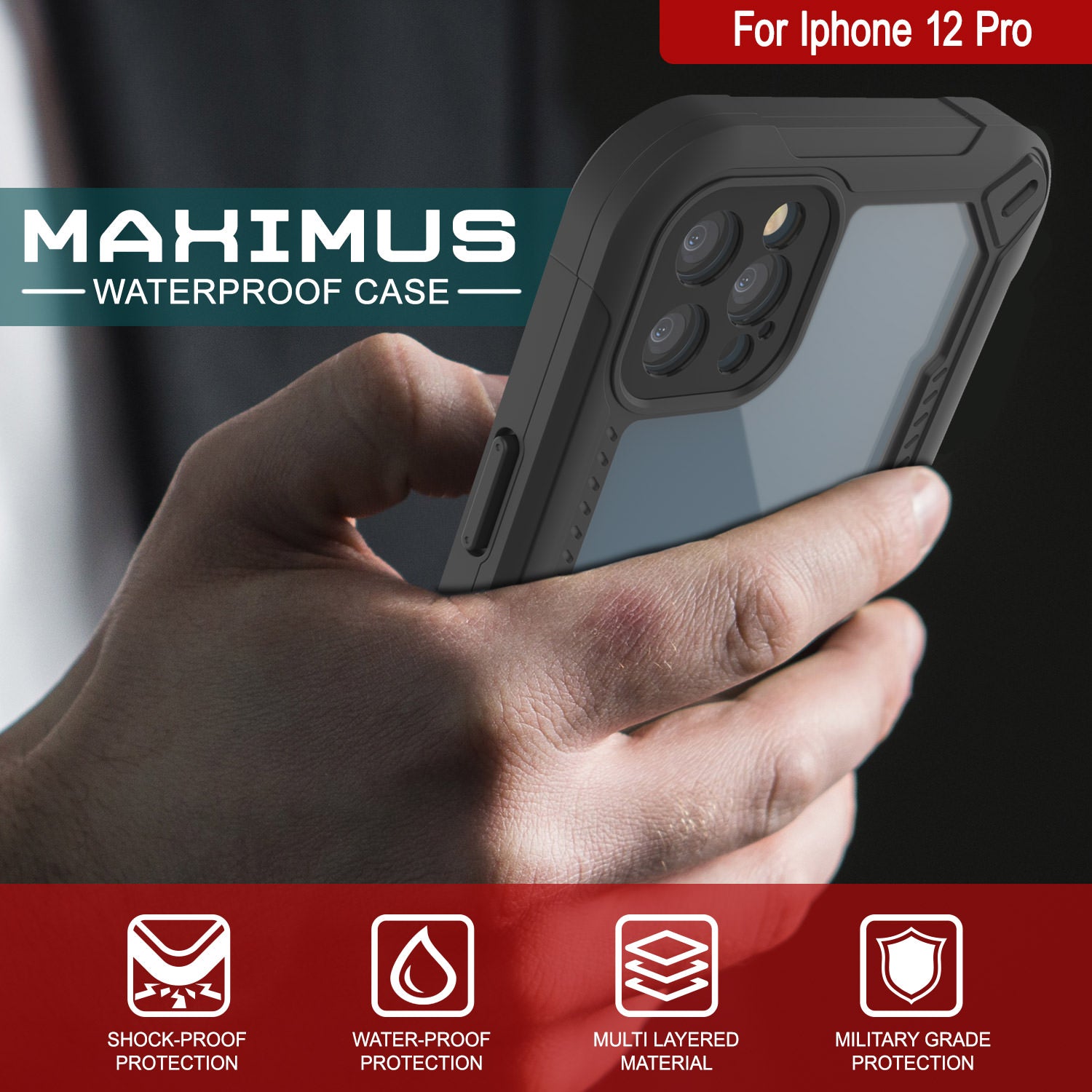 iPhone 12 Pro Waterproof IP68 Case, Punkcase [red]  [Maximus Series] [Slim Fit] [IP68 Certified] [Shockresistant] Clear Armor Cover with Screen Protector | Ultimate Protection