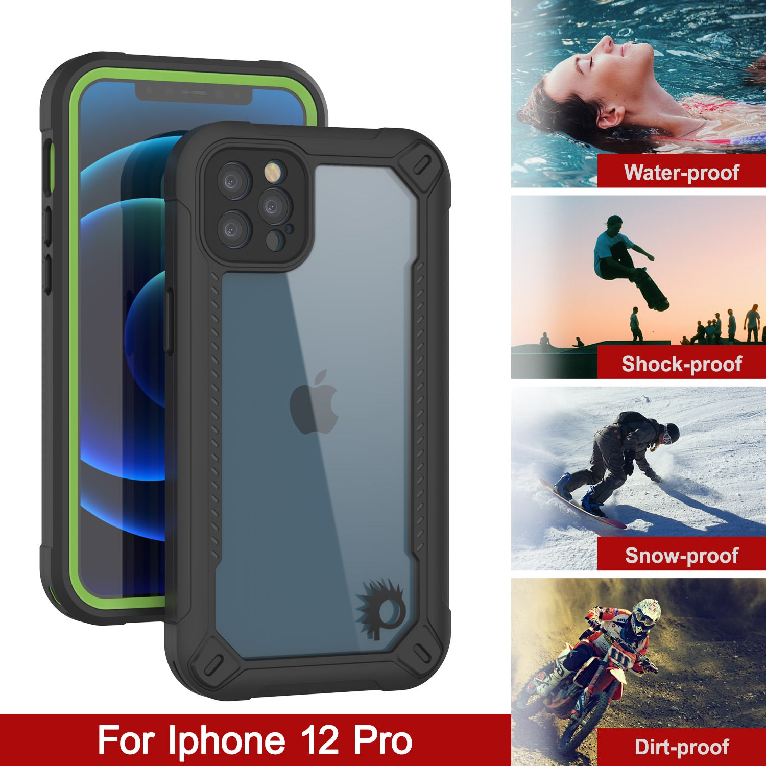 iPhone 12 Pro Waterproof IP68 Case, Punkcase [Green]  [Maximus Series] [Slim Fit] [IP68 Certified] [Shockresistant] Clear Armor Cover with Screen Protector | Ultimate Protection