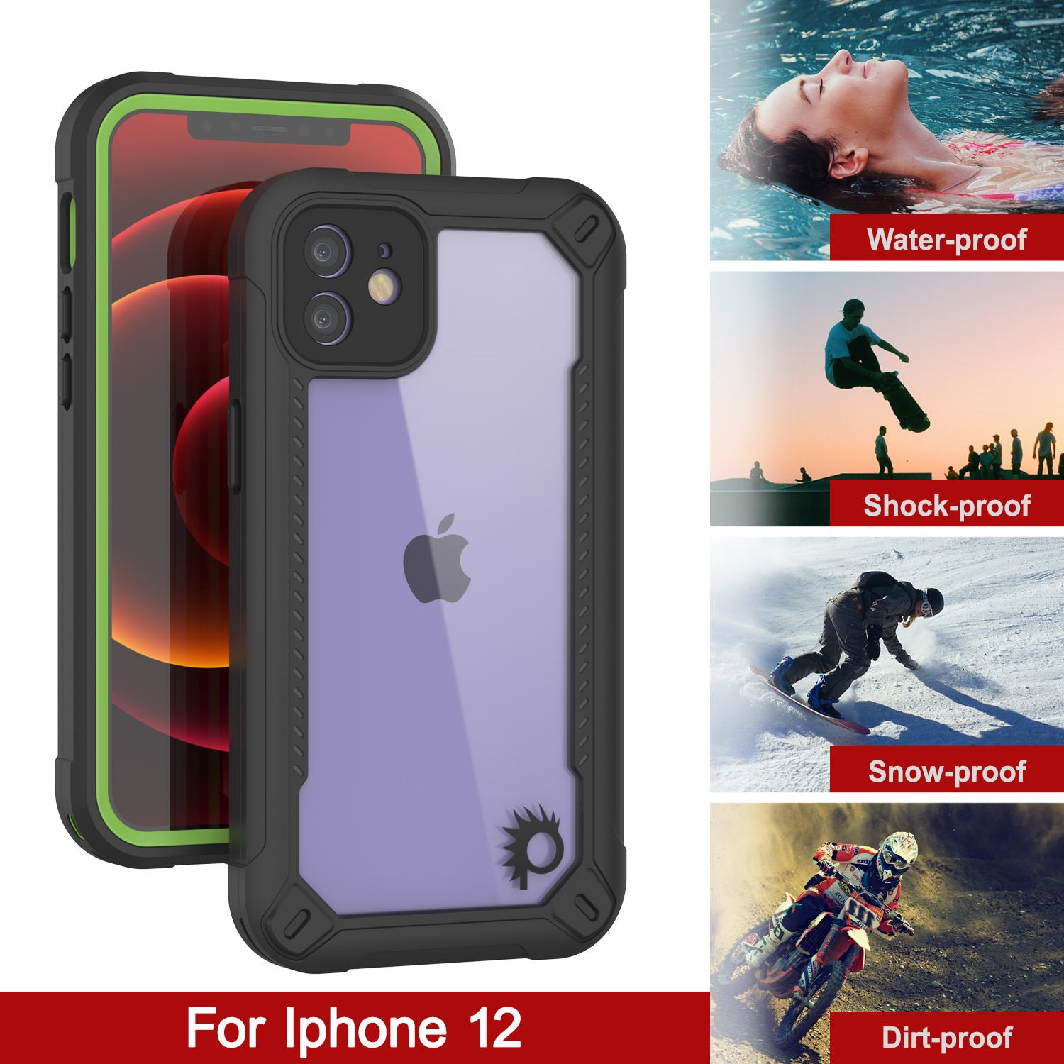 iPhone 12 Waterproof IP68 Case, Punkcase [Green]  [Maximus Series] [Slim Fit] [IP68 Certified] [Shockresistant] Clear Armor Cover with Screen Protector | Ultimate Protection