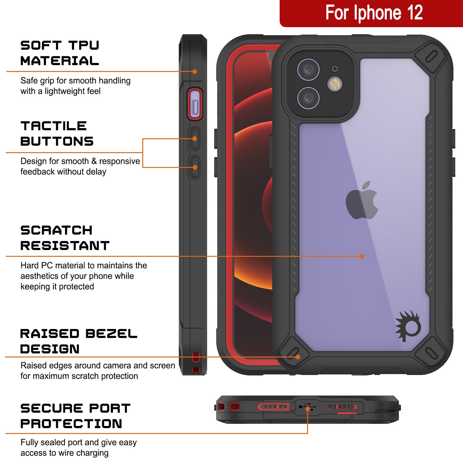 iPhone 12 Waterproof IP68 Case, Punkcase [red]  [Maximus Series] [Slim Fit] [IP68 Certified] [Shockresistant] Clear Armor Cover with Screen Protector | Ultimate Protection