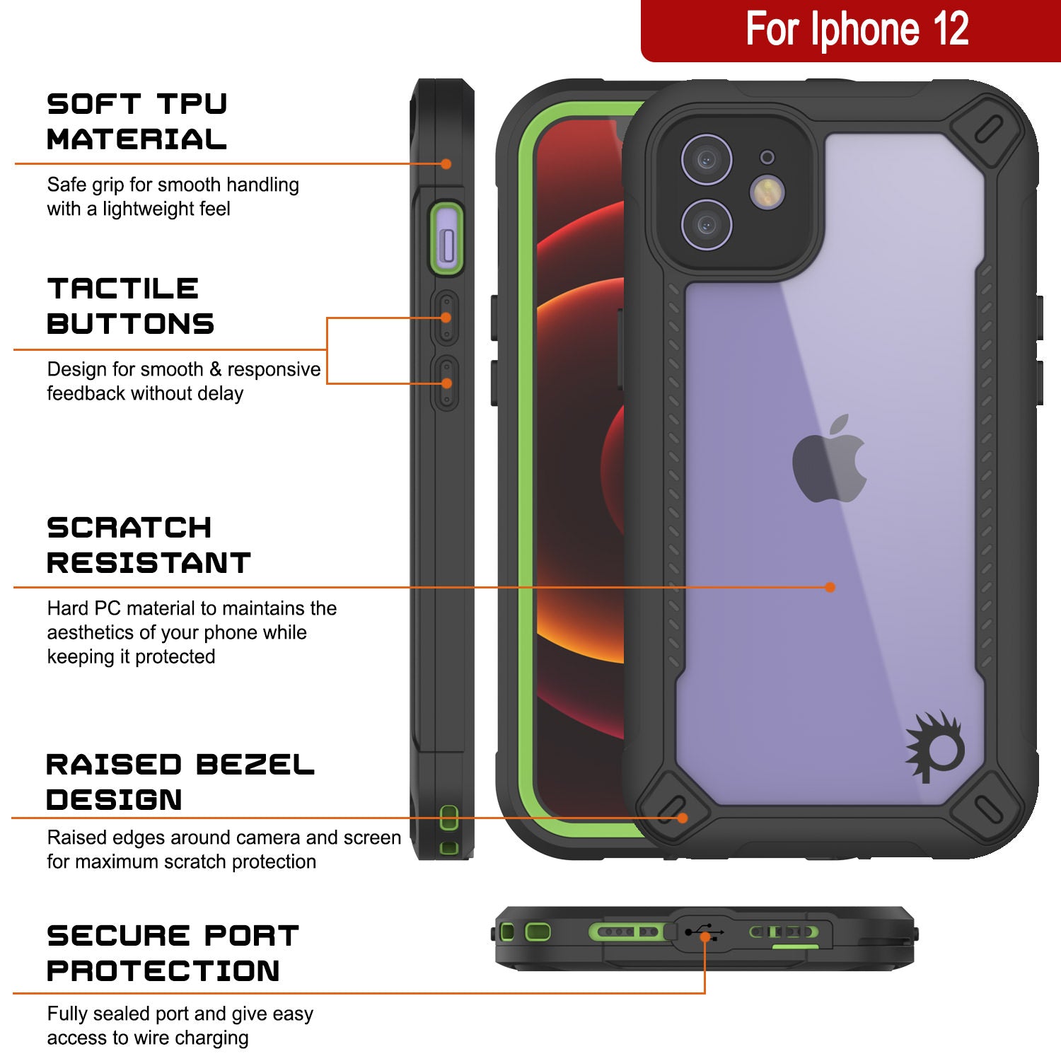 iPhone 12 Waterproof IP68 Case, Punkcase [Green]  [Maximus Series] [Slim Fit] [IP68 Certified] [Shockresistant] Clear Armor Cover with Screen Protector | Ultimate Protection